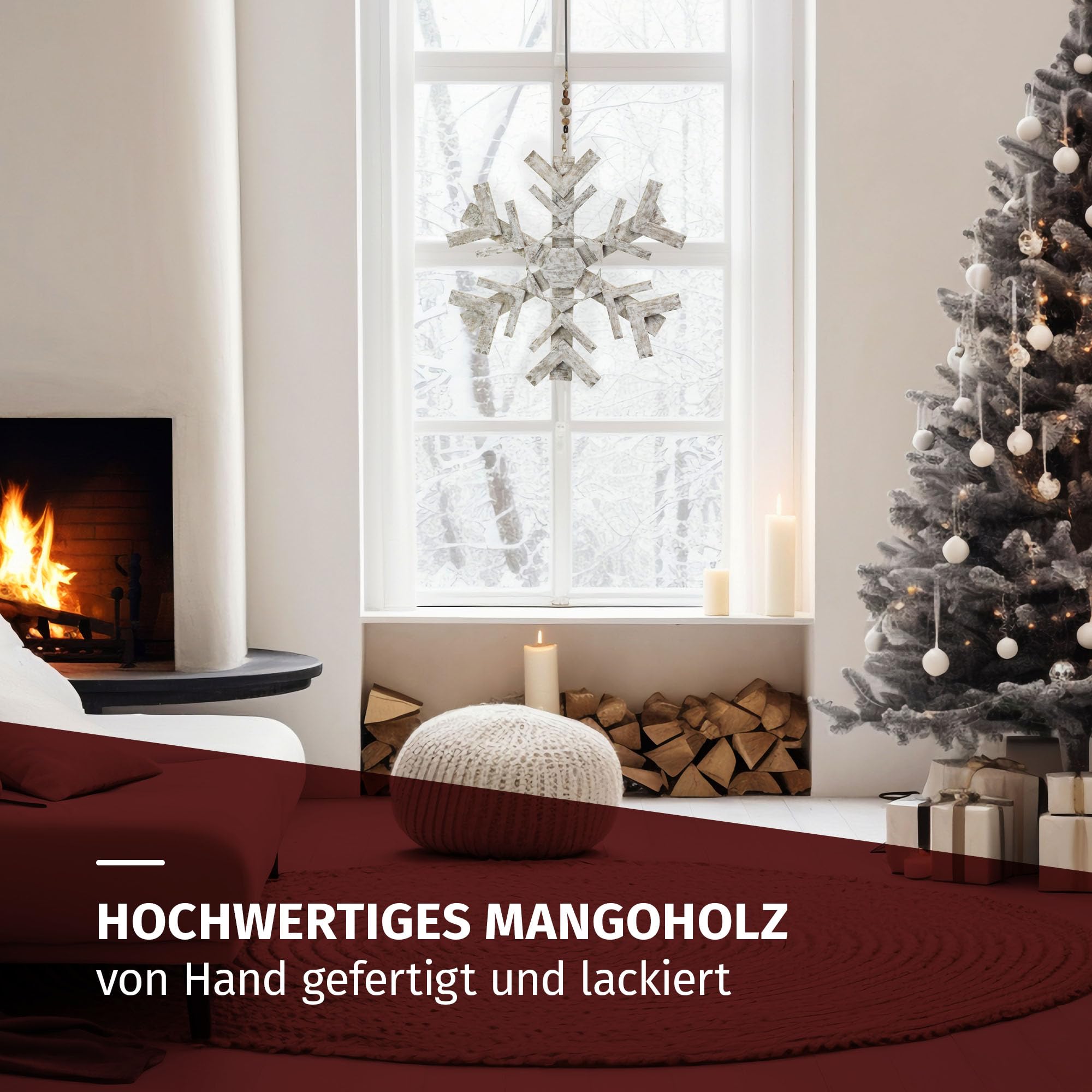 Moritz Décoration de Noël flocon de neige 60 cm à suspendre en bois de manguier Décoration murale ou de fenêtre de style naturel avec suspension en perles de bois Décoration de Noël rustique
