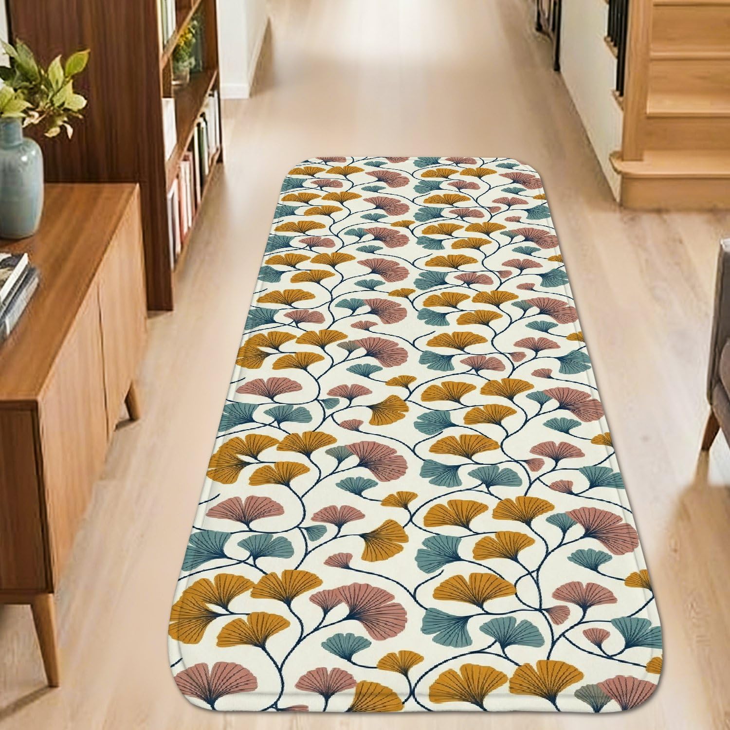 Tapis de couloir antidérapant et esthétique motif feuilles de Ginkgo