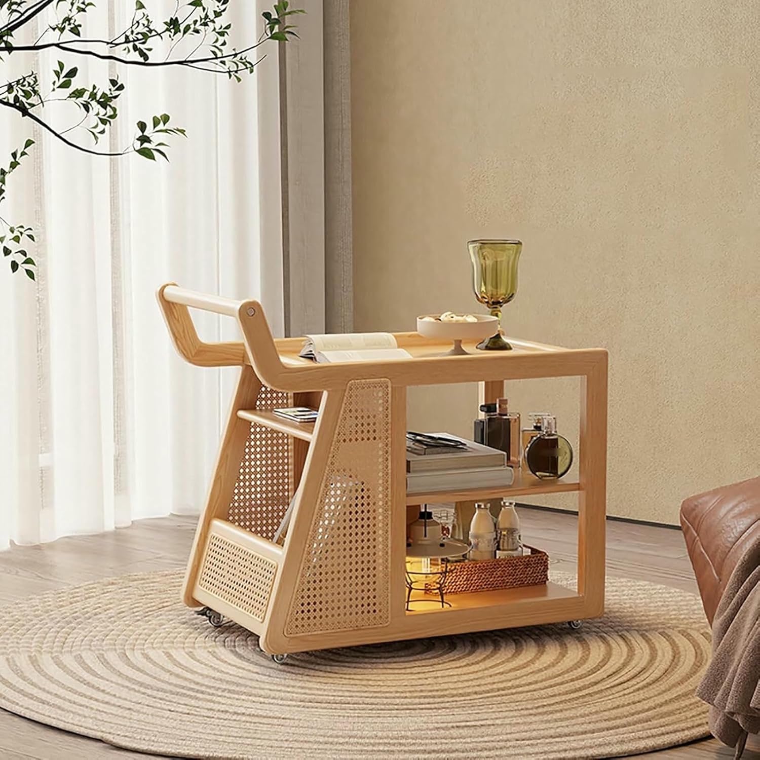 Solid Wood Rattan Kitchen Island Cart with 3-Tier Storage Narrow Rolling Utility Cart on Wheels Multi-Functional Side Table,Living Room