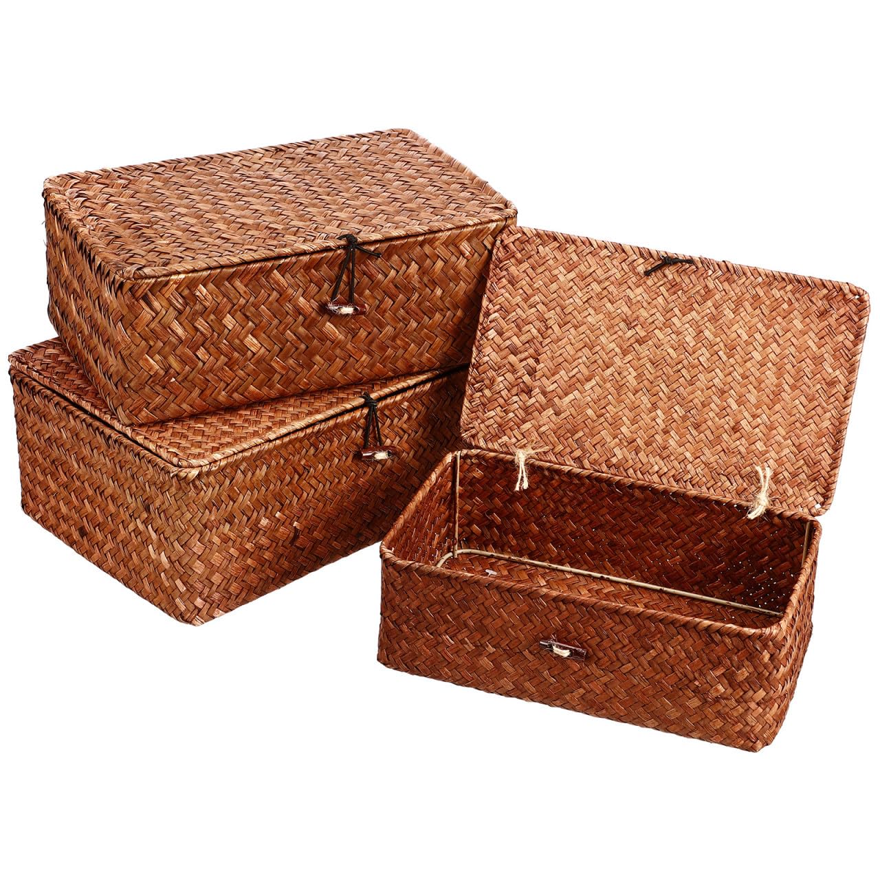 OUNONA cajas de almacenamiento, cesta con tapa de almacenamiento decorativa, juego de 3 piezas, hierba marina, coffee, hand-woven, sala de estar