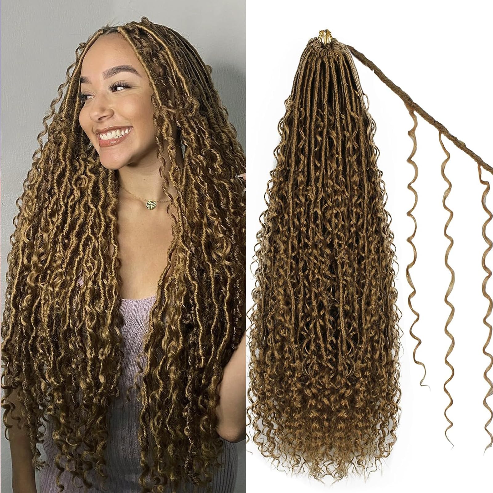 Enbeautiful Boho Faux Locs Crochet Hair 24 Inch 9 Packs Blonde Pre-Looped Goddess Locs with Curly Ends