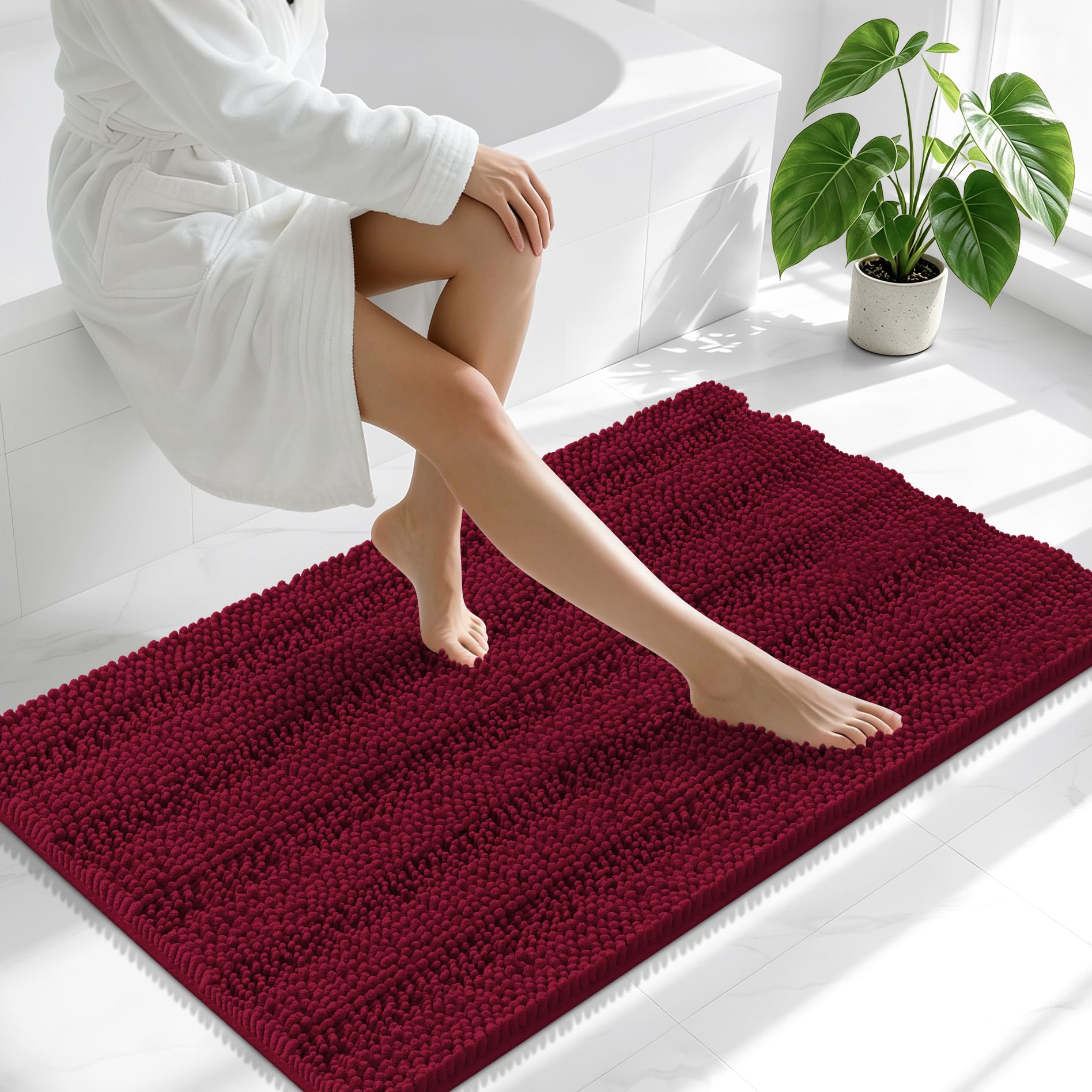 Smiry Thick Chenille Bathroom Runner Rugs 44x24, Soft Bath Mat, Burgundy