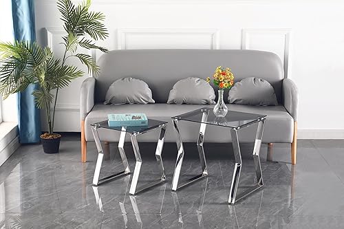 Mesa auxiliar cuadrada de 18.5 pulgadas, mesa auxiliar moderna de vidrio dorado con parte superior de vidrio templado transparente y marco de acero