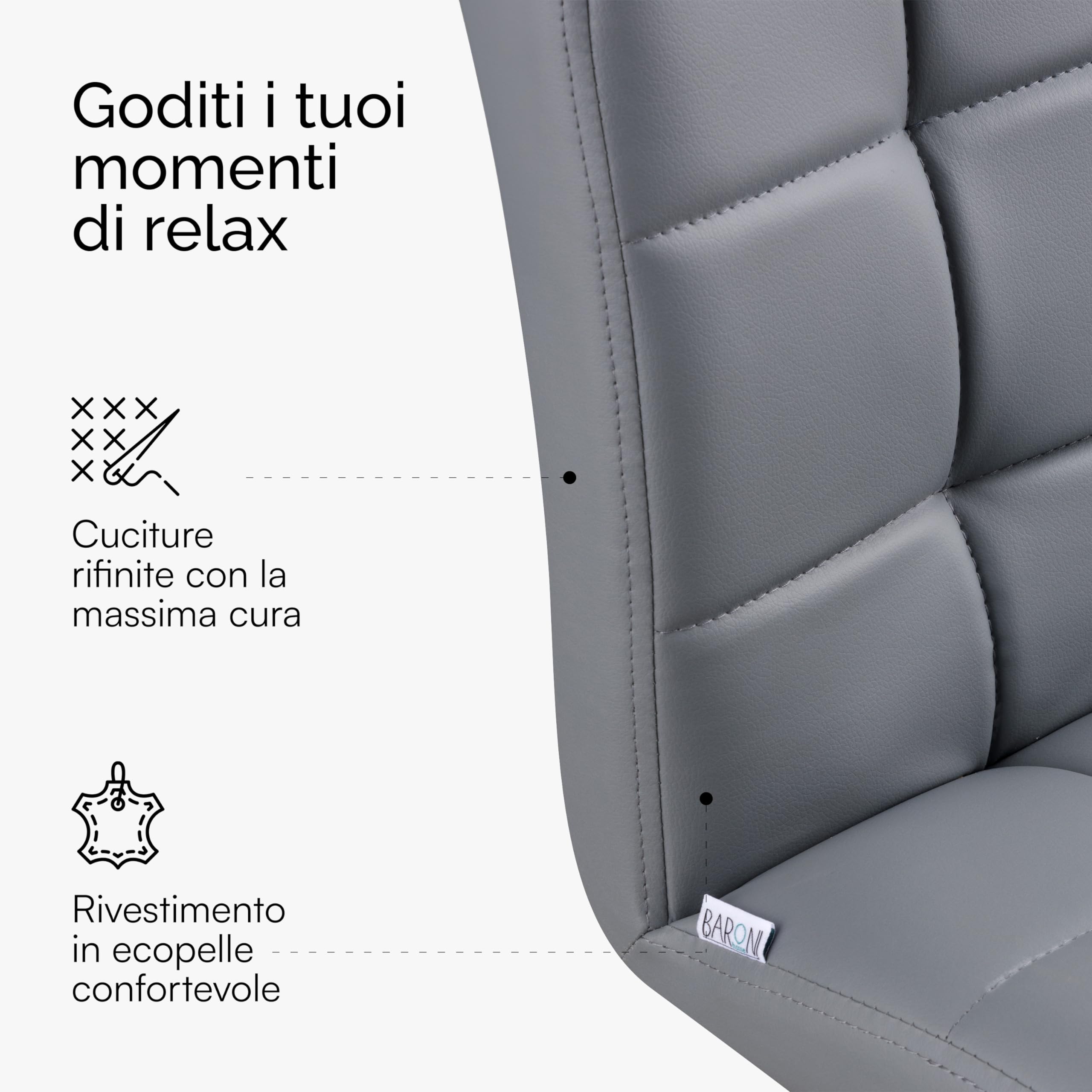 Baroni Home Sedia Moderna con Rivestimento in Ecopelle e Gambe in Acciaio Nero, Poltrona da Soggiorno, Camera da Letto, Sala da Pranzo, Grigio, 44x80x39 cm