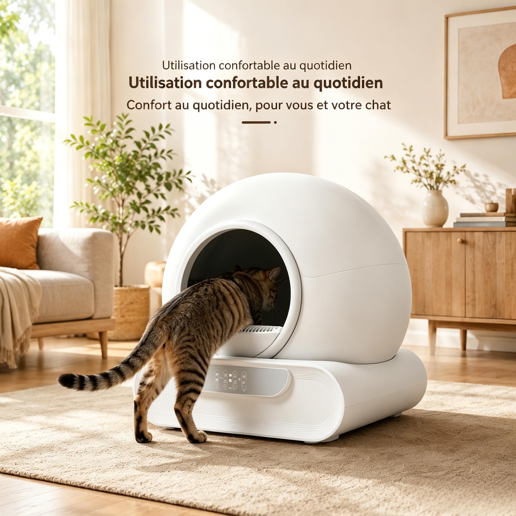 Litière Automatique Autonettoyante 74L pour Chat, Contrôle Via APP, Anti-Pincement, Désodorisation Ionique, avec Tapis et 5 Rouleaux de Sacs, Grande Capacité pour Plusieurs Chats