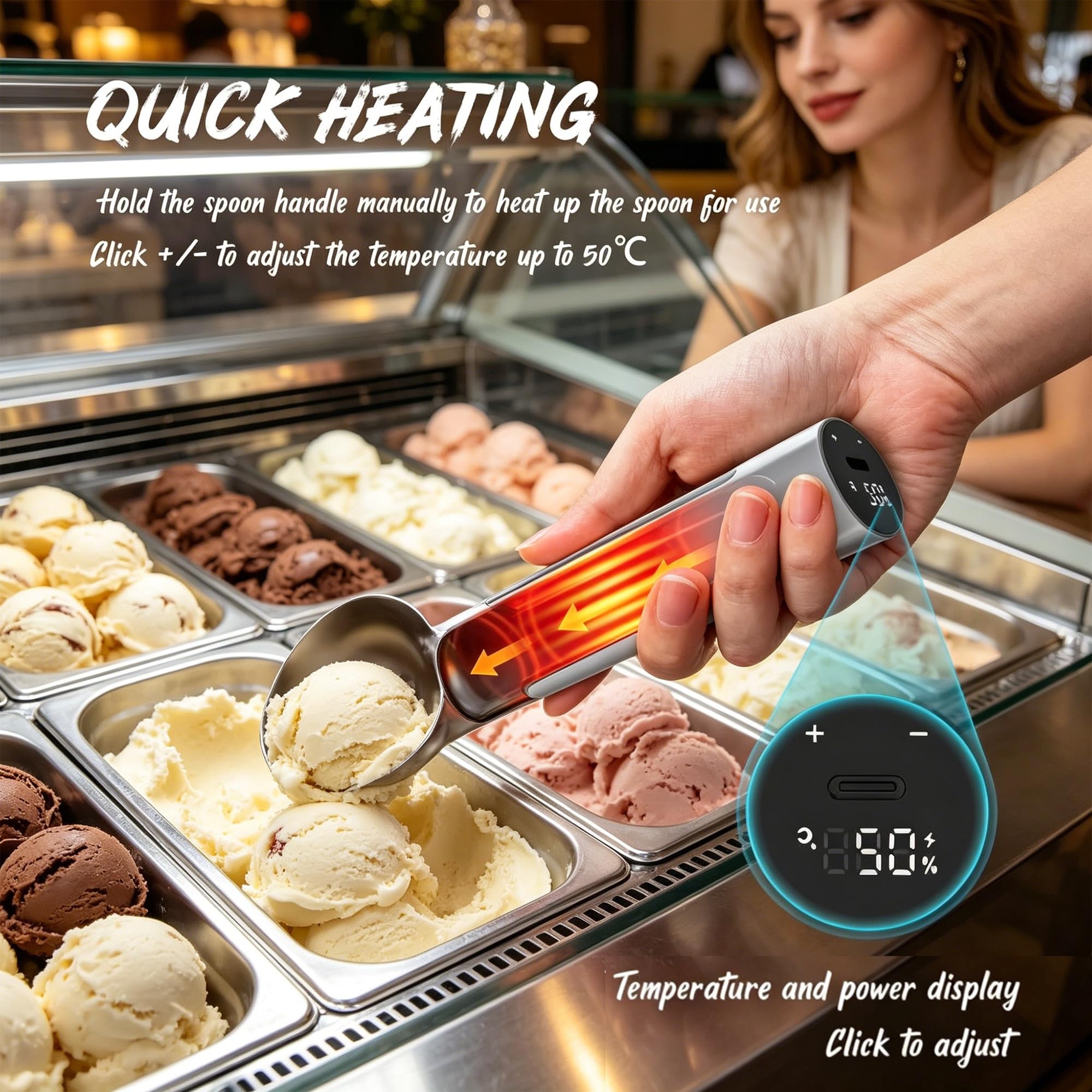 Porzionatore elettrico riscaldato con display digitale impermeabile IP67 manico ergonomico facile da pulire per ghiaccio duro, gelato e sorbetto, ideale come regalo estivo