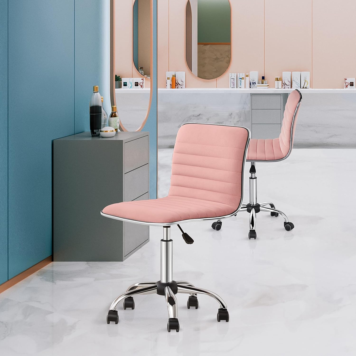 Yaheetech Velvet Low Back Armless Ribbed Vanity Chair Height Adjustable Swivel Task Office Chair, Apricot Pink