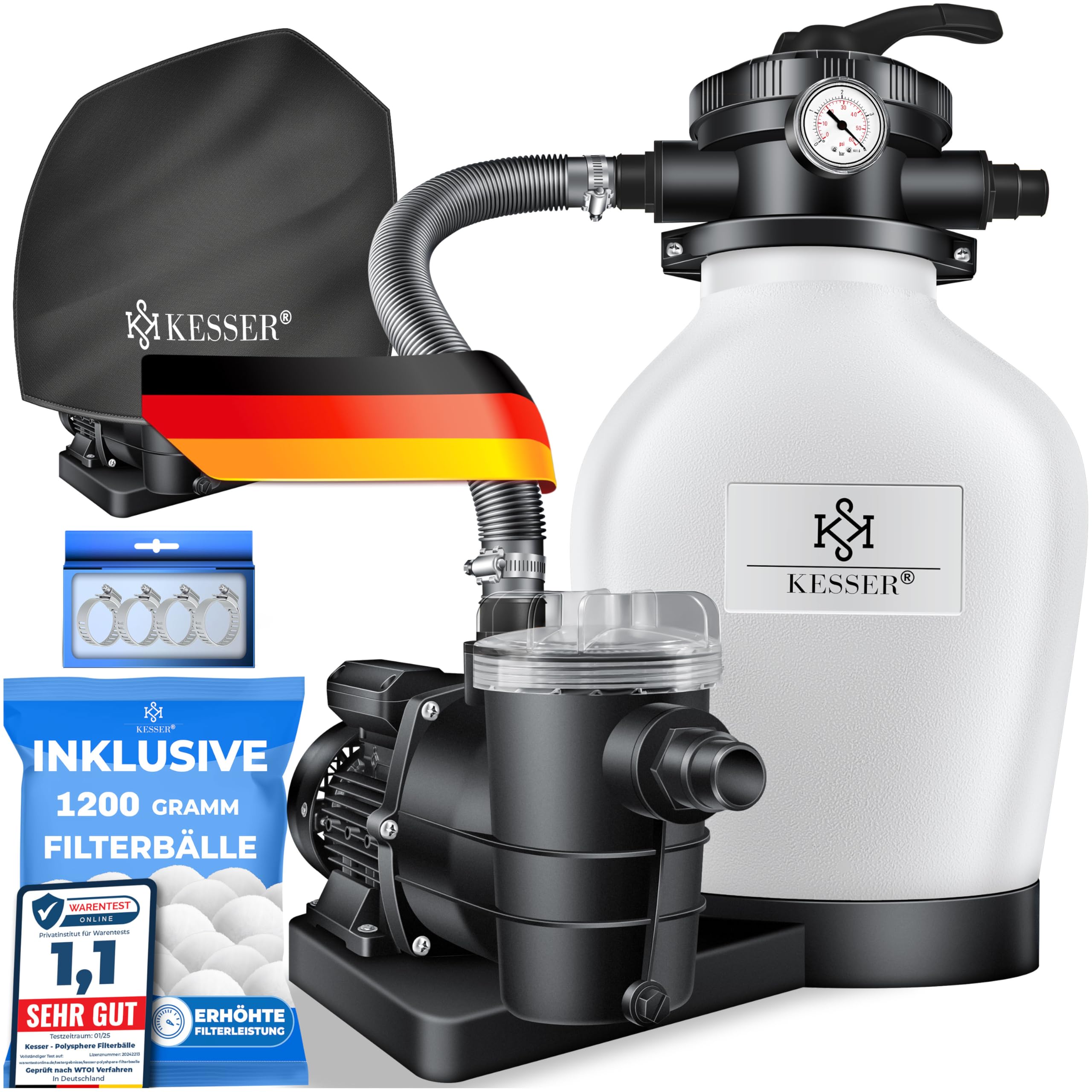 KESSER® Sandfilteranlage mit Pumpe & 1200g Filterbälle | Poolfilter 600W | Sandfilter für Pool 13200L/h Durchfluss | Tankvolumen bis 30kg Sand | 7-Wege Ventil mit Druckmanometer, Abdeckung & Zubehör