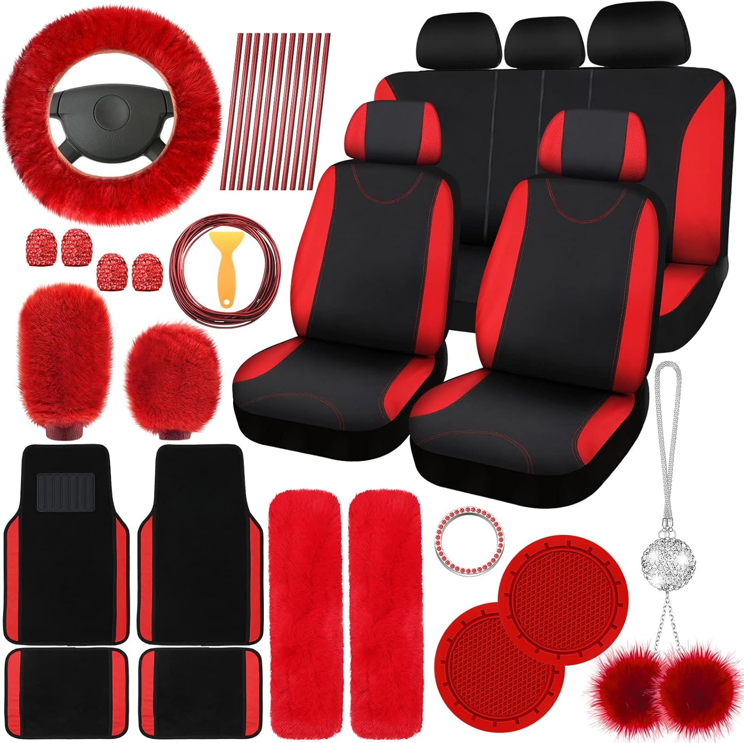 Woanger 47 Car Seat Cover Full Set for Women Included Car Front Rear Seat Fluffy Steering Wheel Cover Belt Automotive Floor Mats Air Conditioner Decoration Strip Universal(Red Black)