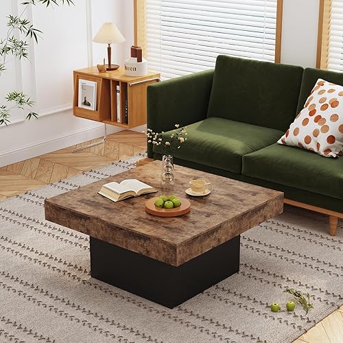 Miniatura 2 de Mesa de centro cuadrada, mesas centrales de madera con aspecto de madera con base gruesa, mesa central para sala de estar