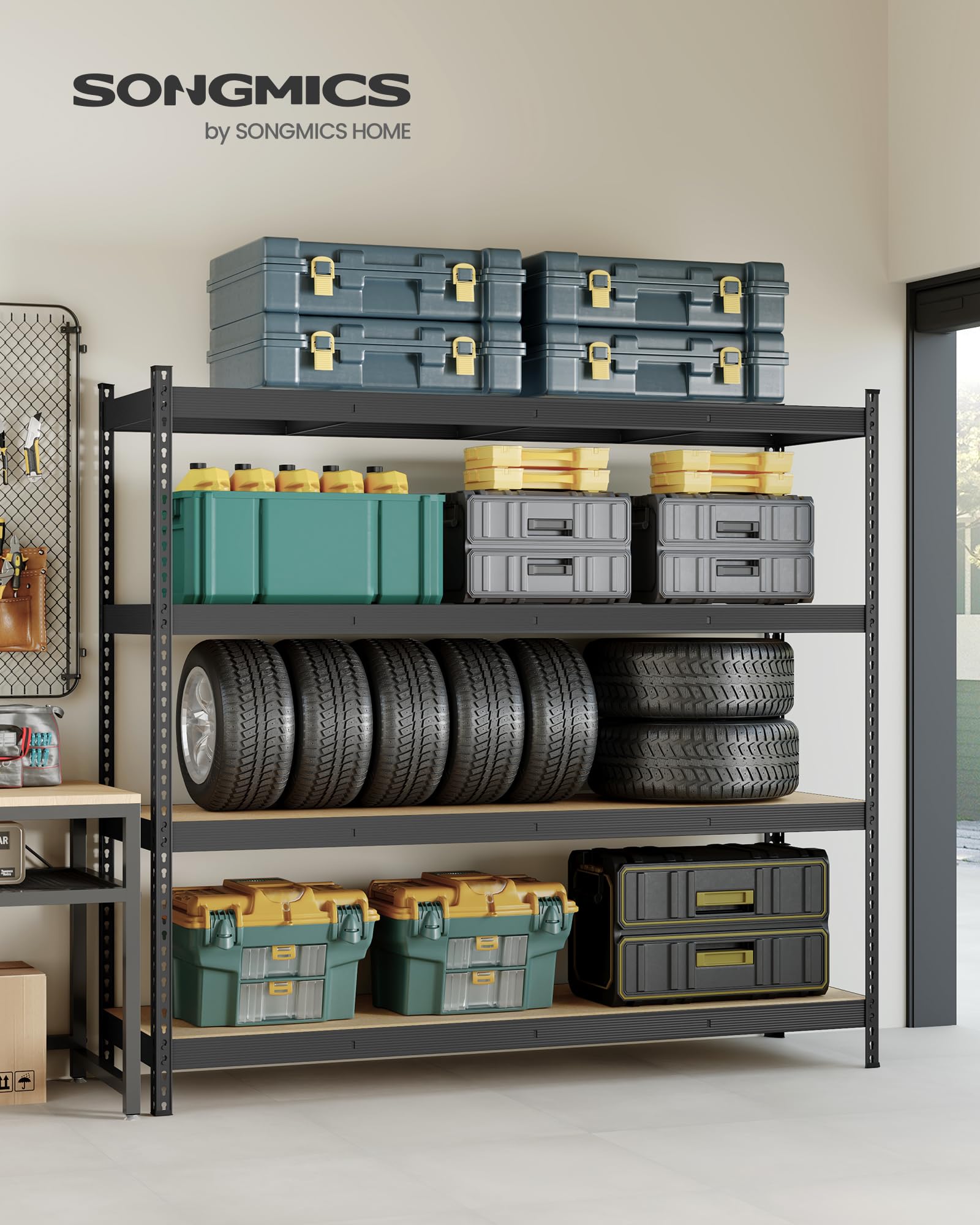SONGMICS 4-Poziomowy Regał Magazynowy, Stal i MDF, Nośność 2000 kg, Bezśrubowy, Regulowane Półki, 200 x 60 x 183 cm, do Garażu i Warsztatu, Czarny, Kolekcja COZORY GLR728BZ01