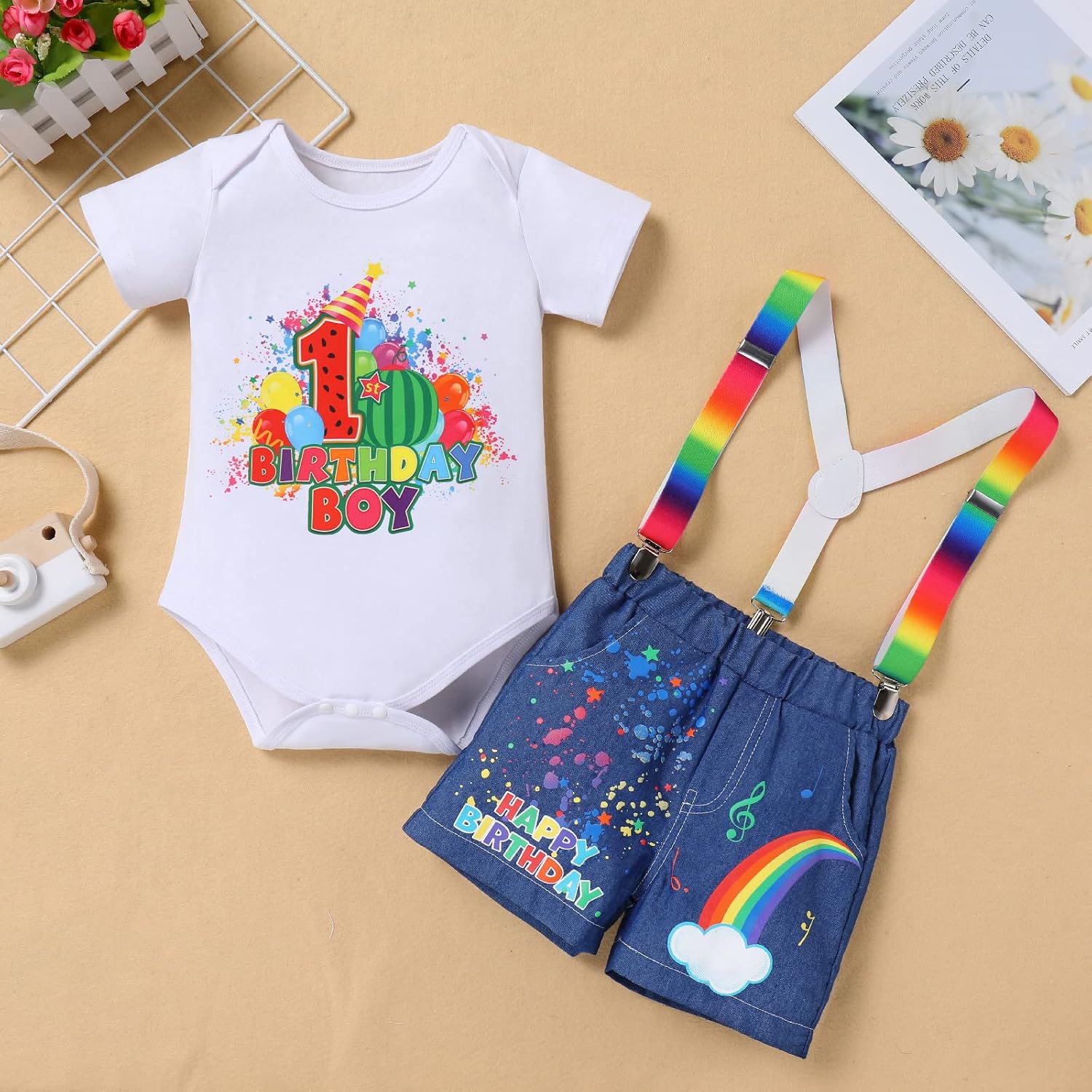 IBTOM CASTLE Watermelon 1st 2nd 3rd 4th 5th Birthday Boy Party Outfit Cake Smash Melon Romper Suspenders Crown Photo Shoot
