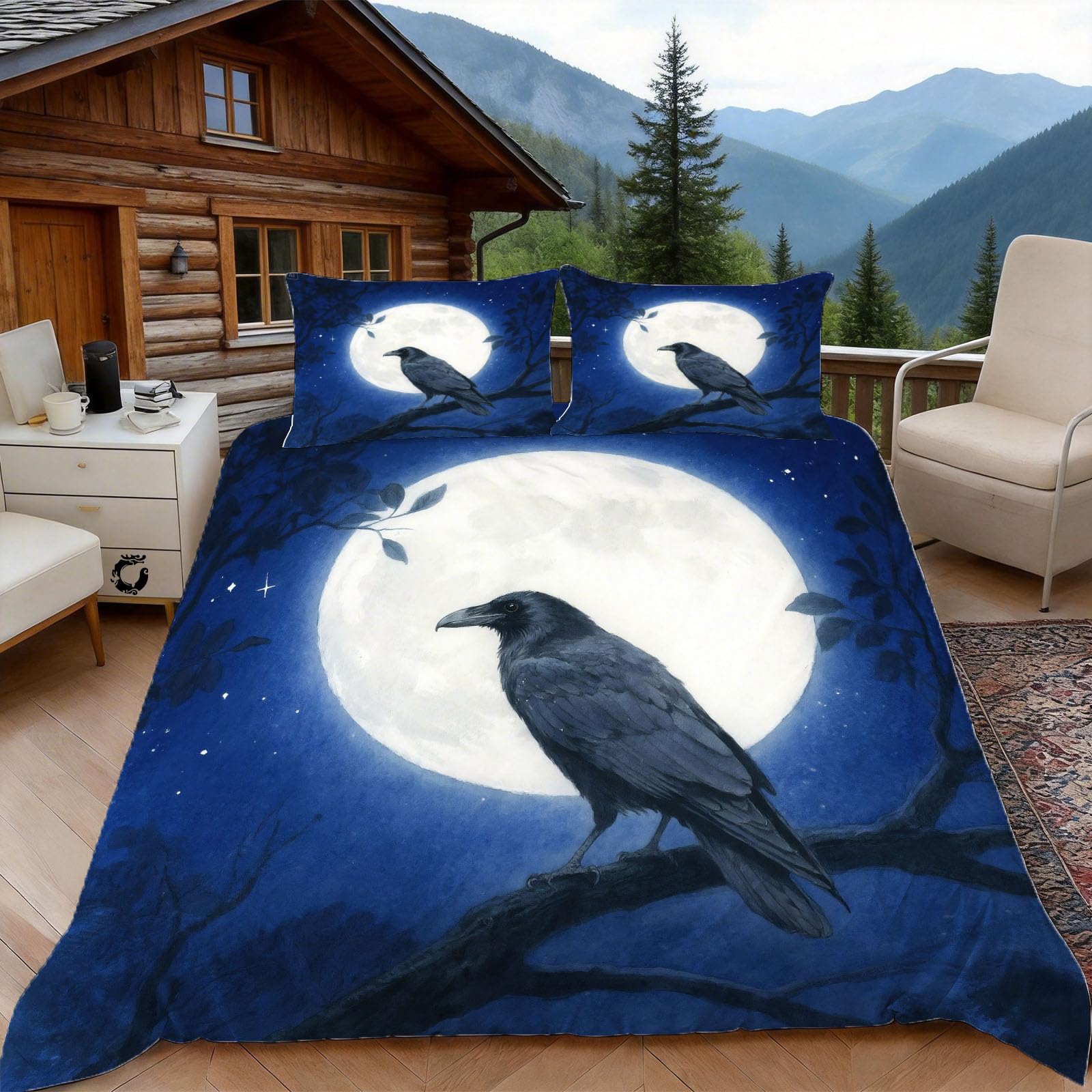 Housse de Couette 220x240 Corbeau Parure Lit 2 Personnes