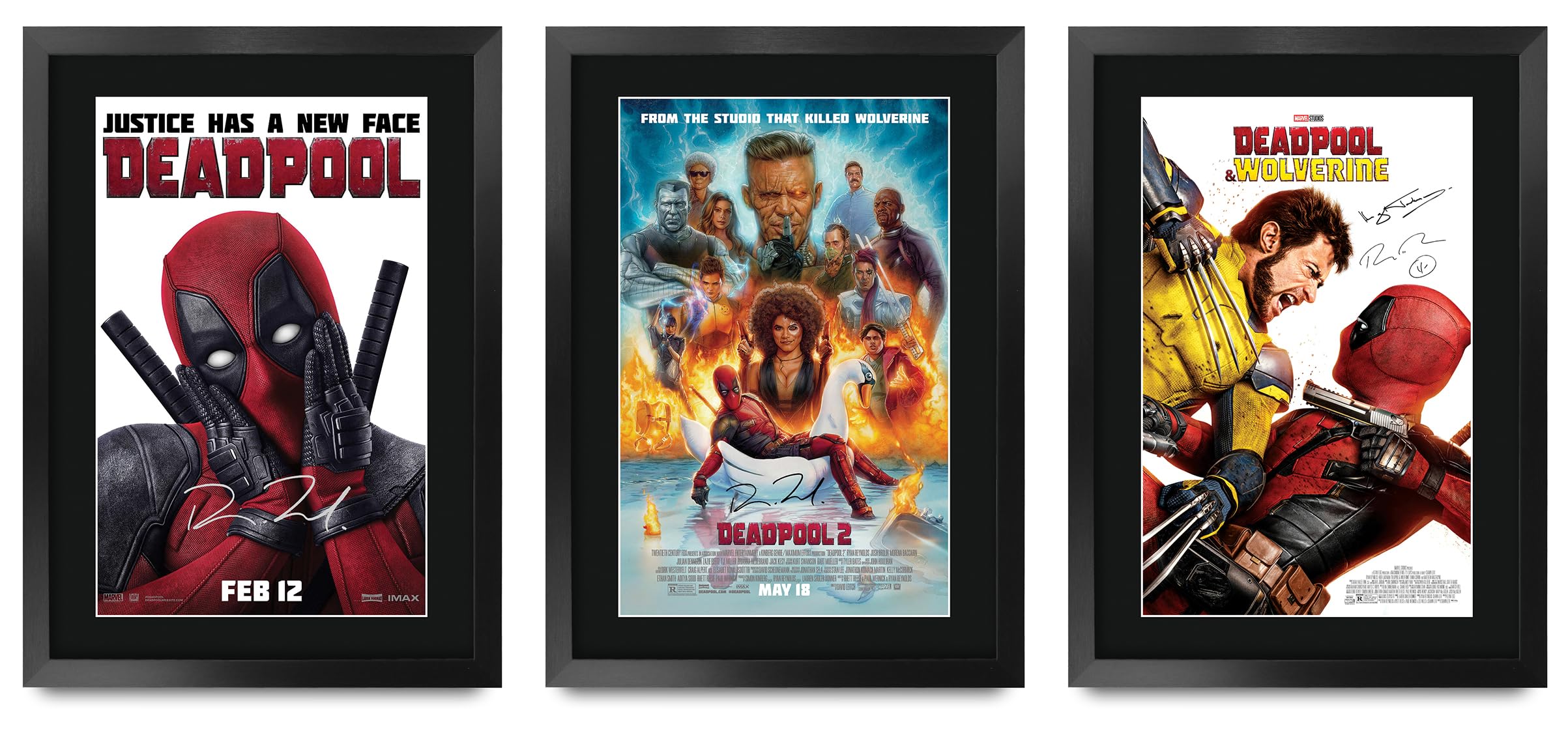 HWC Trading FR A3 Deadpool & Wolverine Collection Reynolds & Jackman Geschenke Geduckter Poster Signiertes Autogramm Foto für Fans von Film Memorabilien - A3 Gerahmt