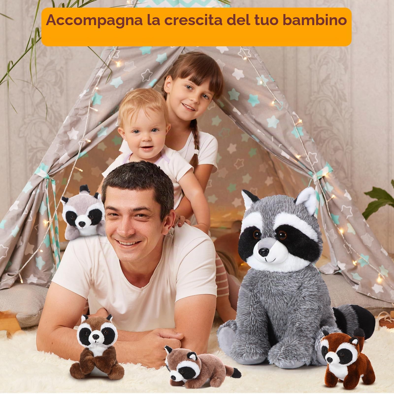 Set di 5 Animali di Peluche di Procione 32 cm Pupazzo di Procione Mamma con 4 Cuccioli di Orso Lavatore nella Pancia Regali per Compleanno a Tema del Bosco per Ragazzi (Stile Carino)
