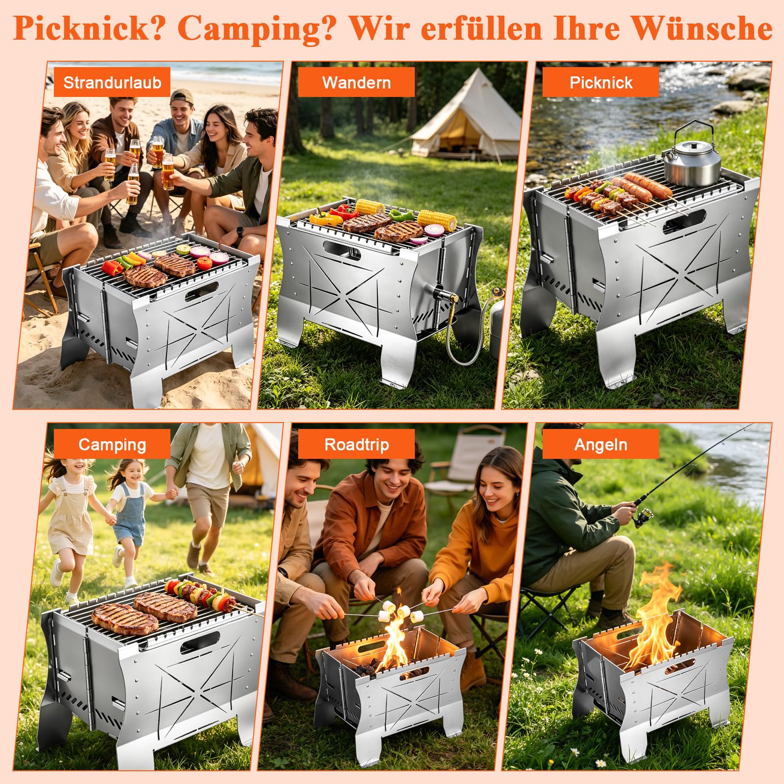 Grill Gas - 26.5×21×38cm Mobiler Gasgrill Klein, Tragbarer Edelstahl Campinggrill | Gas & Holzkohlebetrieb - Faltbarer Campingkocher Propangas-Grills mini für Camping, Balkon, Garten, Outdoor