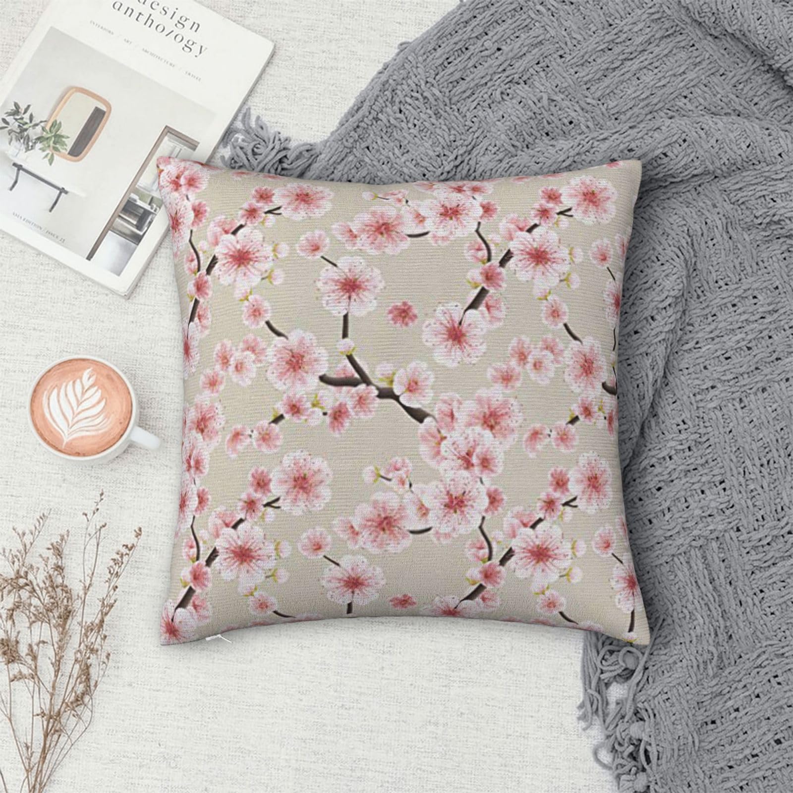 Plush Velvet Square Throw Pillow Cover For Couch & Bed, Cherry Blossoms, Soft Decorative Cushion Case For Sofa, Farmhouse Throw Pillow Sham, Modern Aesthetic Home Accent For Living Room Bedroom