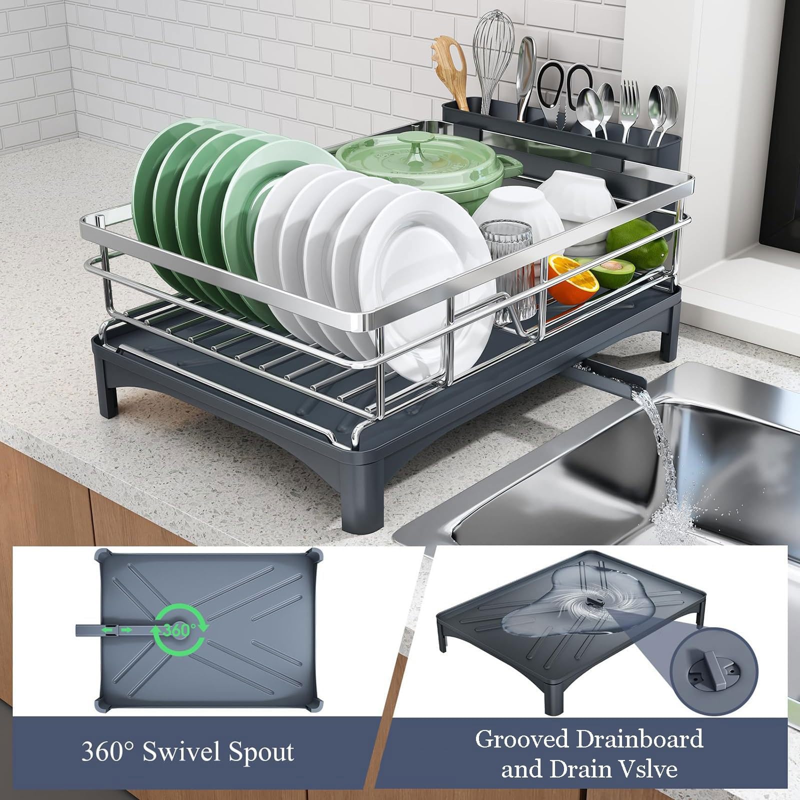 Abtropfgestell Geschirr Platzsparender Küchen-Trockenständer aus Edelstahl mit abnehmbarer Tropfschale und Besteckhalter 360°Drehbarem Auslauf Multifunktionaler Küchenorganizer 42*31*14.5cm