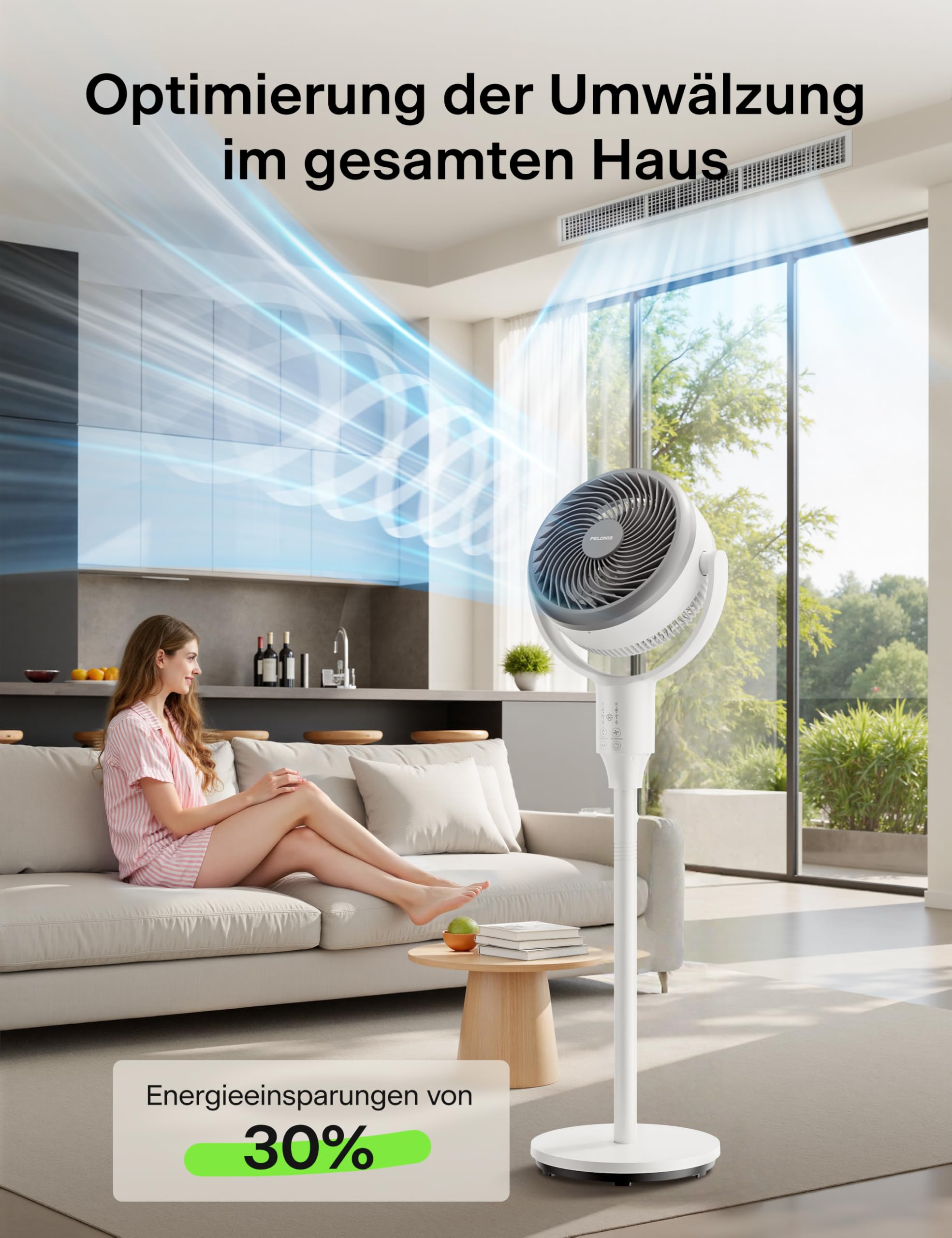 Pelonis Leiser Standventilator, 2-In-1 Standventilator mit Fernbedienung, 1500m³/h Luftvolume Luftzirkulator Fan 110CM Höhe 3-Geschwindigkeit 135°+90° Omni-direktional Oszillierend Ventilator