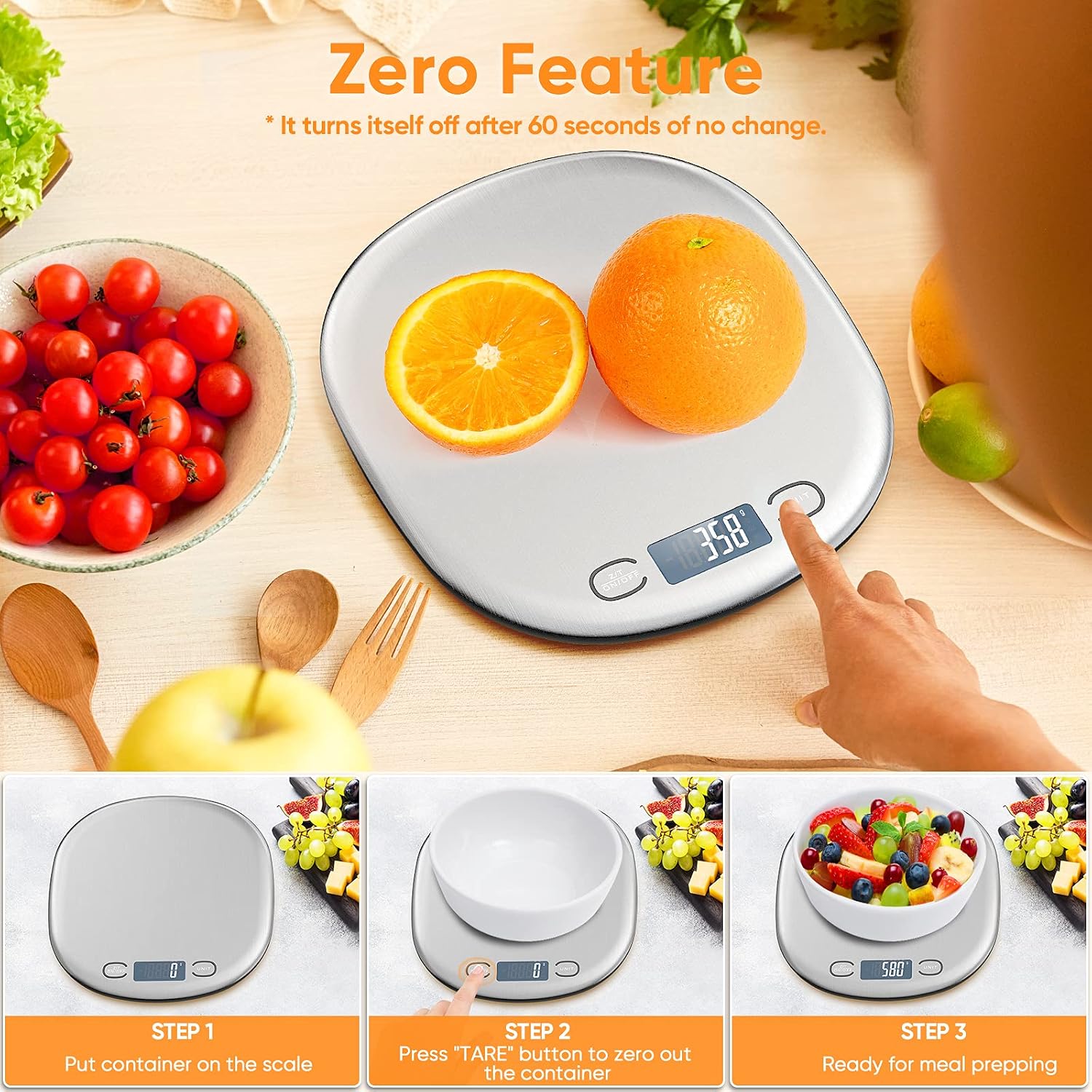 Digital Food Scale - Kitchen Scale Supports up to 33lbs, Accurate Within 0.05 Ounces/1 Grams, Stainless Steel Design with Zero Out Feature, for Cooking and Baking