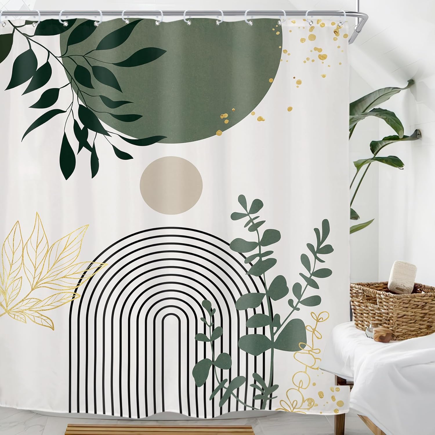 Riyidecor Extra Long Shower Curtain for Bathroom Decor 72Wx84H Sage Green Boho Mid Century Modern Abstract Gold Leaves Minimalist Geometric Art Printed Fabric Polyester Waterproof 12 Pack Plastic Hook