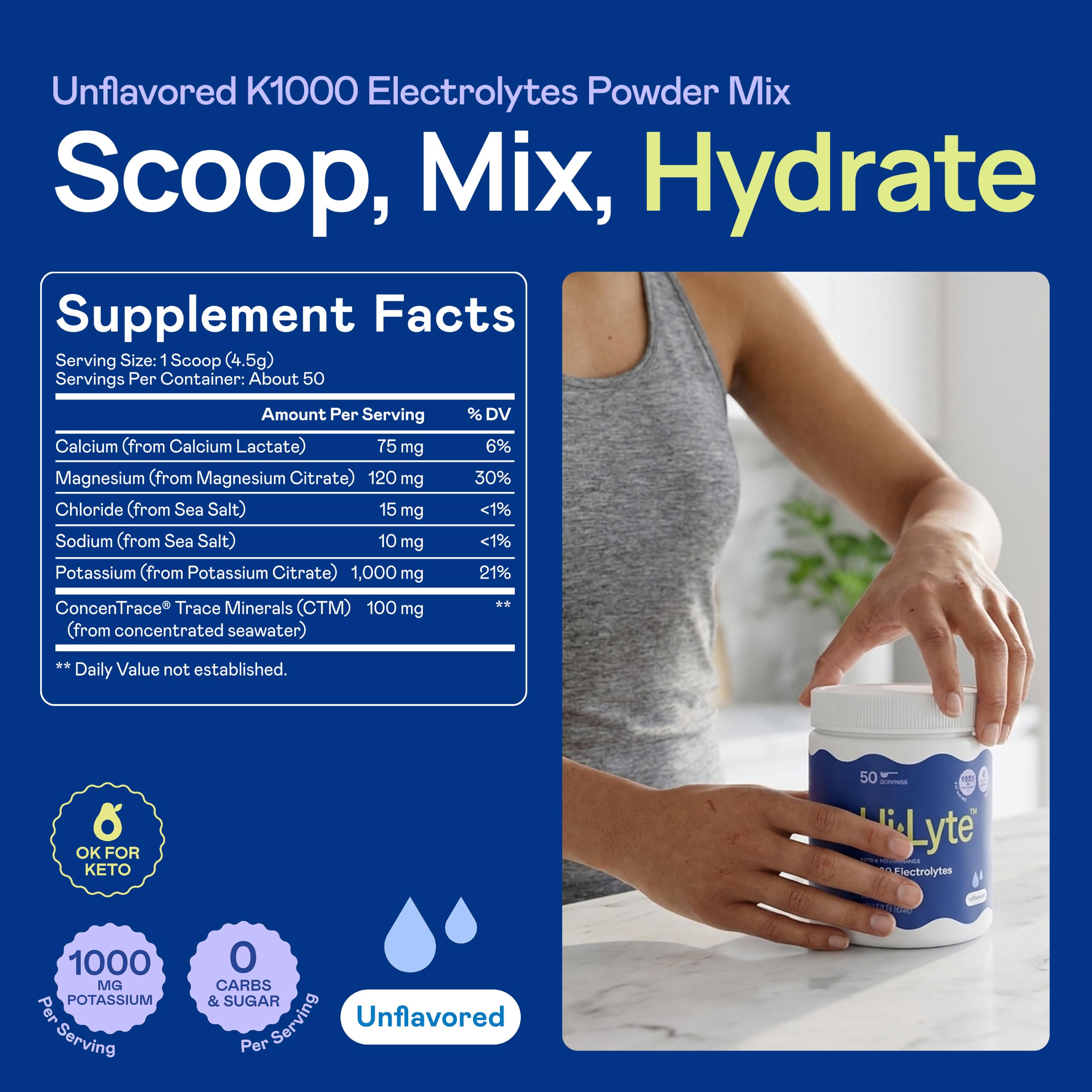 Hi-Lyte K1000 Electrolytes Powder Mix Unflavored, No Stevia & Unsweetened, Perfect for Keto & Performance, 50 Servings — Amazon image 3
