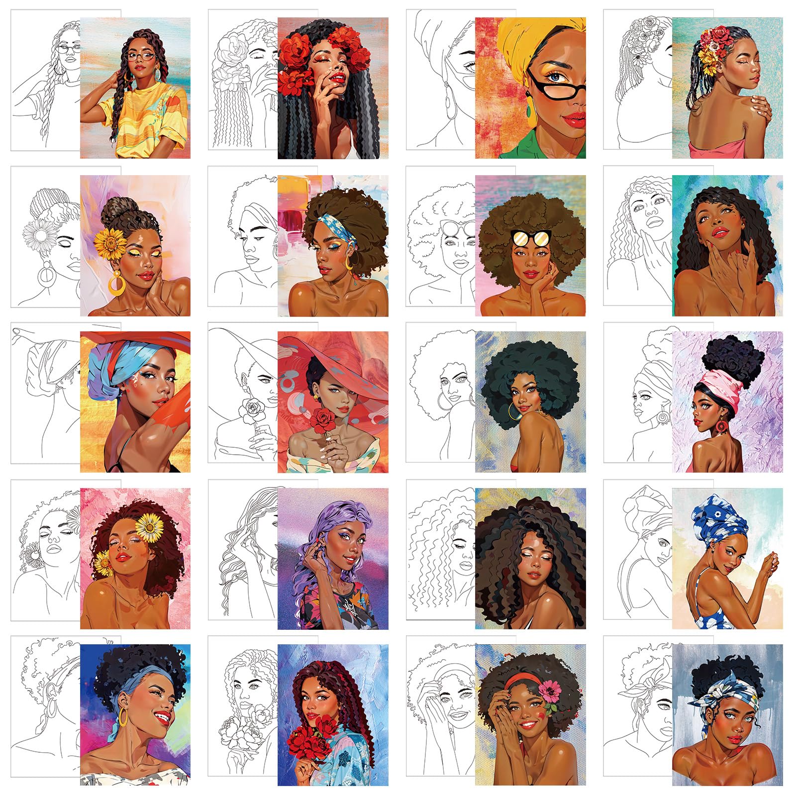 Sherr 20 Pcs Stretched Pre Drawn Canvas Afro Queen Black Art for Painting for Adults Outline Pre Drawn Stretched Cotton Canvas to Paint Party Set, 8 x 10''(Stylish)