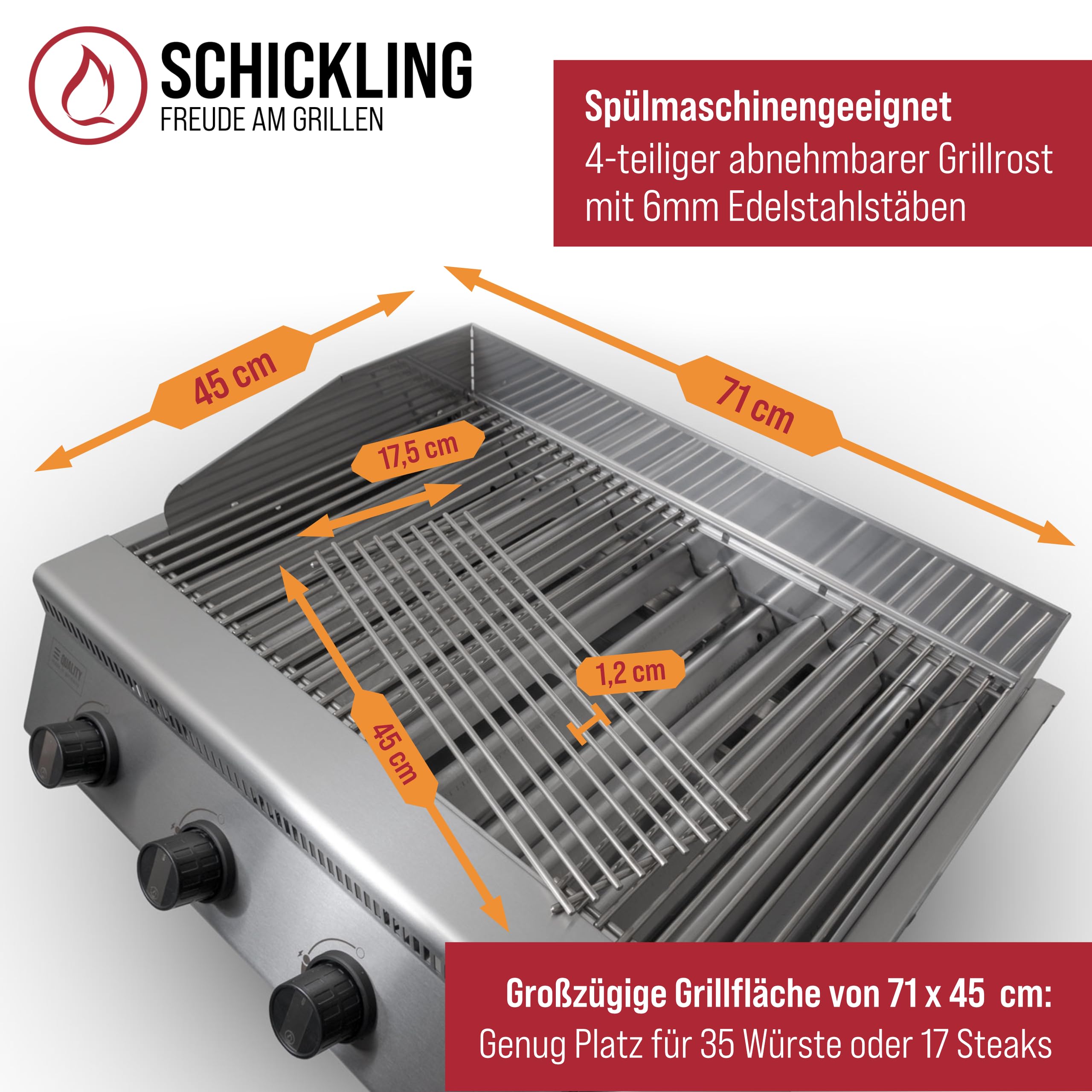 Einbau Gasgrill "Hermann XL - Basic" Einbaugrill für Outdoor Küche Grillküche – Gasgrill 100% aus Edelstahl – Fettwanne mit Frontauszug – 4x5kW Brenner – Made in Germany – Direkt vom Hersteller