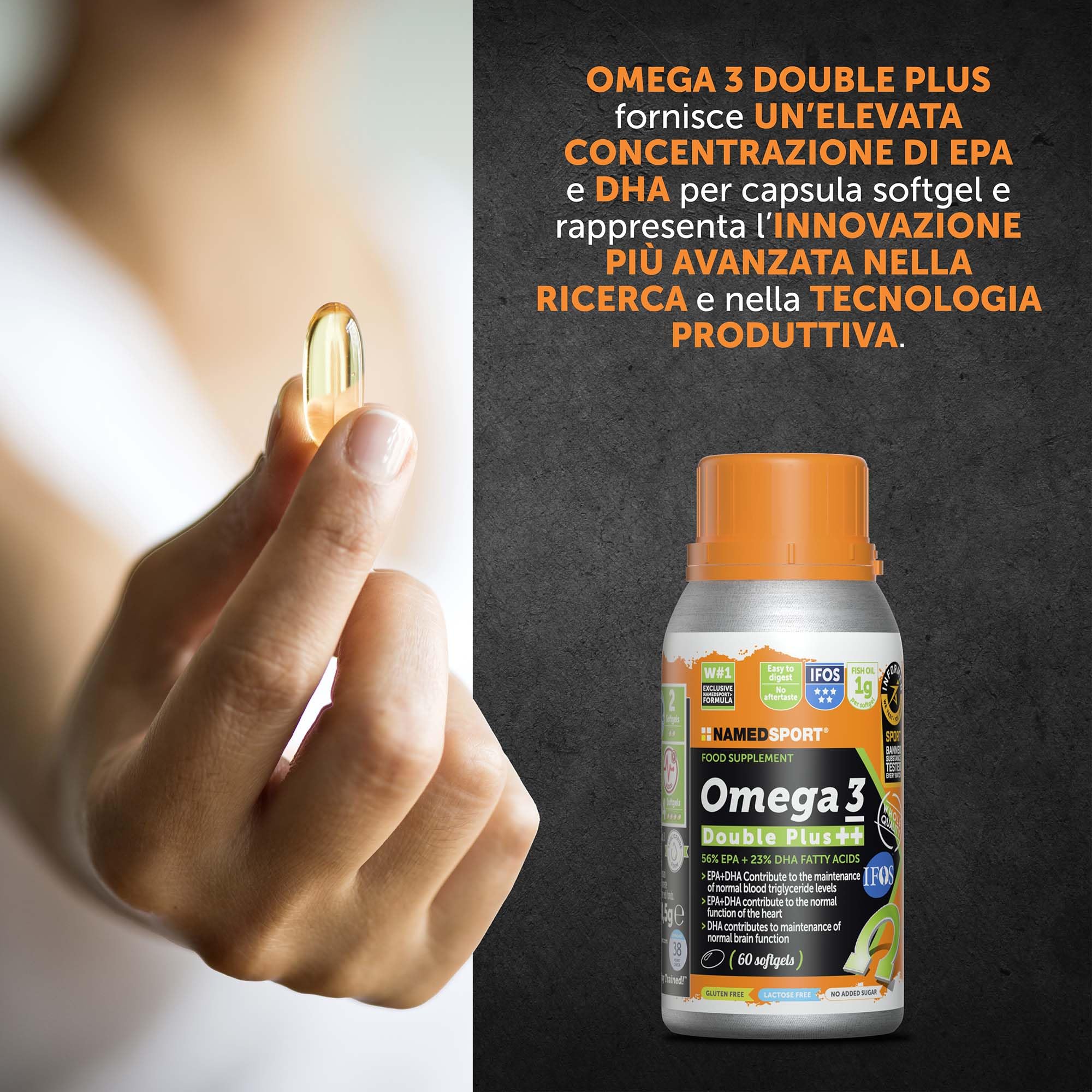NAMEDSPORT Omega 3 Double Plus | Integratori Omega 3 Alta Concentrazione EPA + DHA da Olio di Pesce Purificato | Certificato | Supporto per Cuore, Cervello, Vista | 90 Softgel 2 Confezioni (30+60)