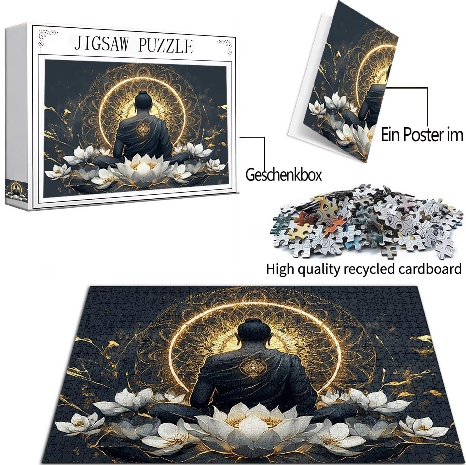 zen Puzzle 1000 sztuk dla dorosłych, łamigłówka wzór lotosu, układanka dla dorosłych, DIY rzemiosło rodzinne zajęcia z opakowaniem na prezent, dekoracja ścienna do domu, prezent dla kobiet mężczyzn