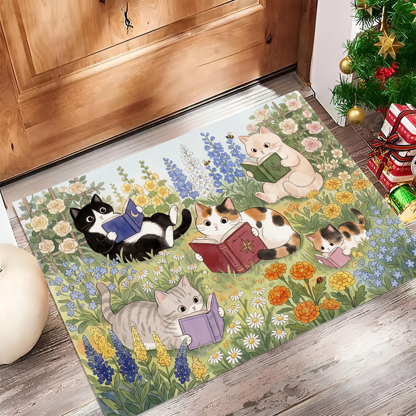 Felpudo Ultrafino Para Interiores,90X150Cm,Jardín De Gatos Campestres Alfombra Antideslizante Lavable Para Entrada,Animales Divertidos Para Leer Felpudo De Perfil Bajo,Atrapa Suciedad,Verde Salvia