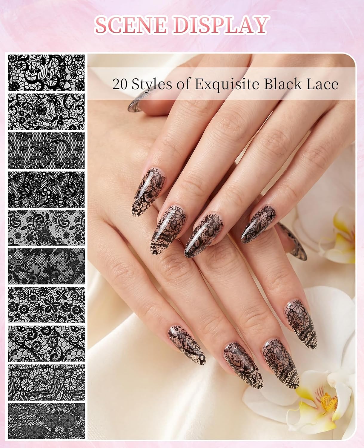 40 Rolls Lace Nail Foil, DIY Lace Transfer Nail Stickers Sheets for Women, Black & White