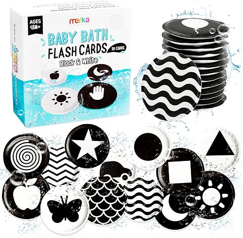 merka Juguetes para bebés de alto contraste para recién nacidos, juguetes de baño sin moho, tarjetas blancas y negras para bebés, juego de 30