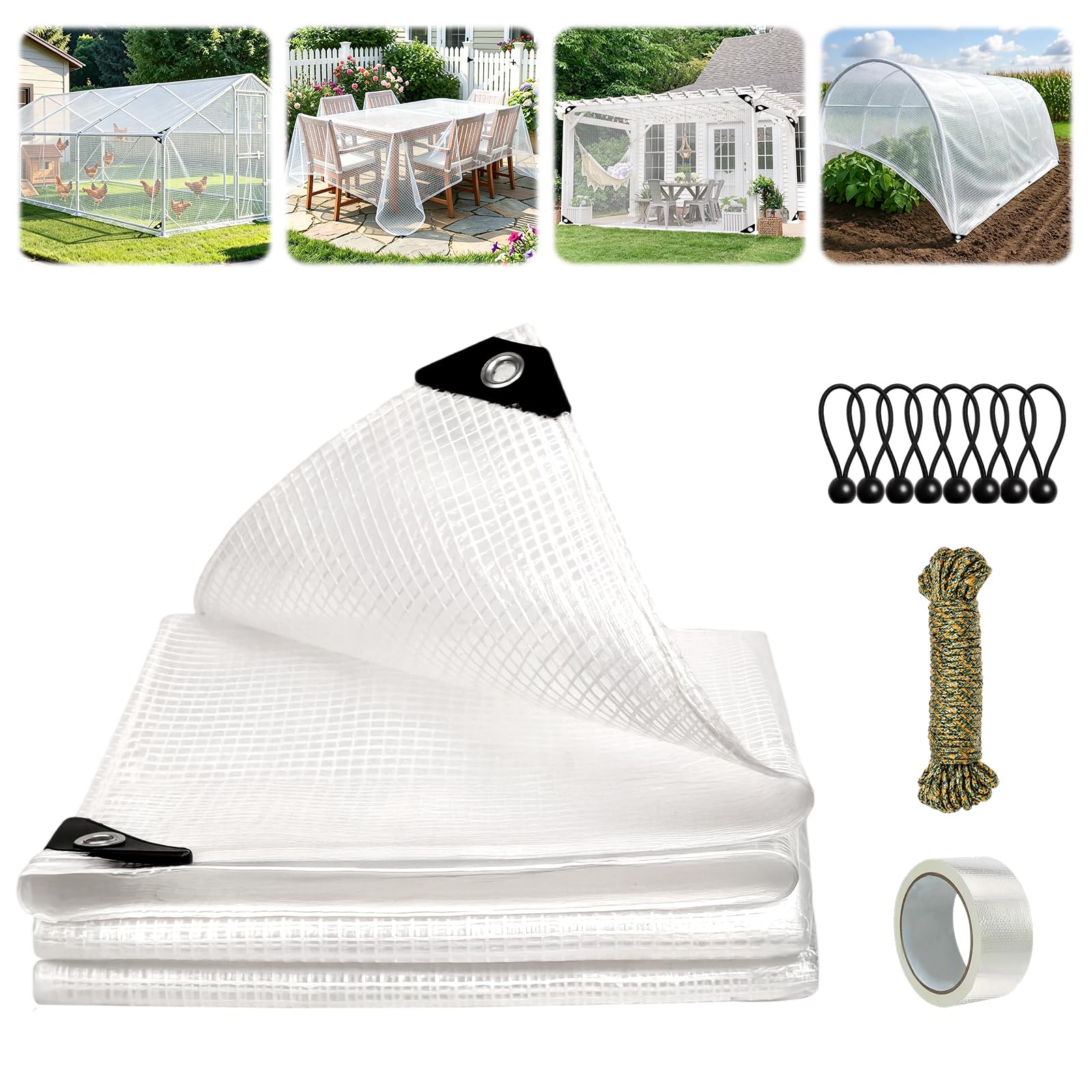 Clear Tarpaulin Waterproof Heavy Duty 2m x 2m 130โฏGSM Waterproof Tarpaulin Cover Sheet with Eyelets, 10m Rope, 8 Bungees Ball Cords and Tarpaulin Repair Tape PE Clear Tarp for Chicken Coop Greenhouse โ image 1