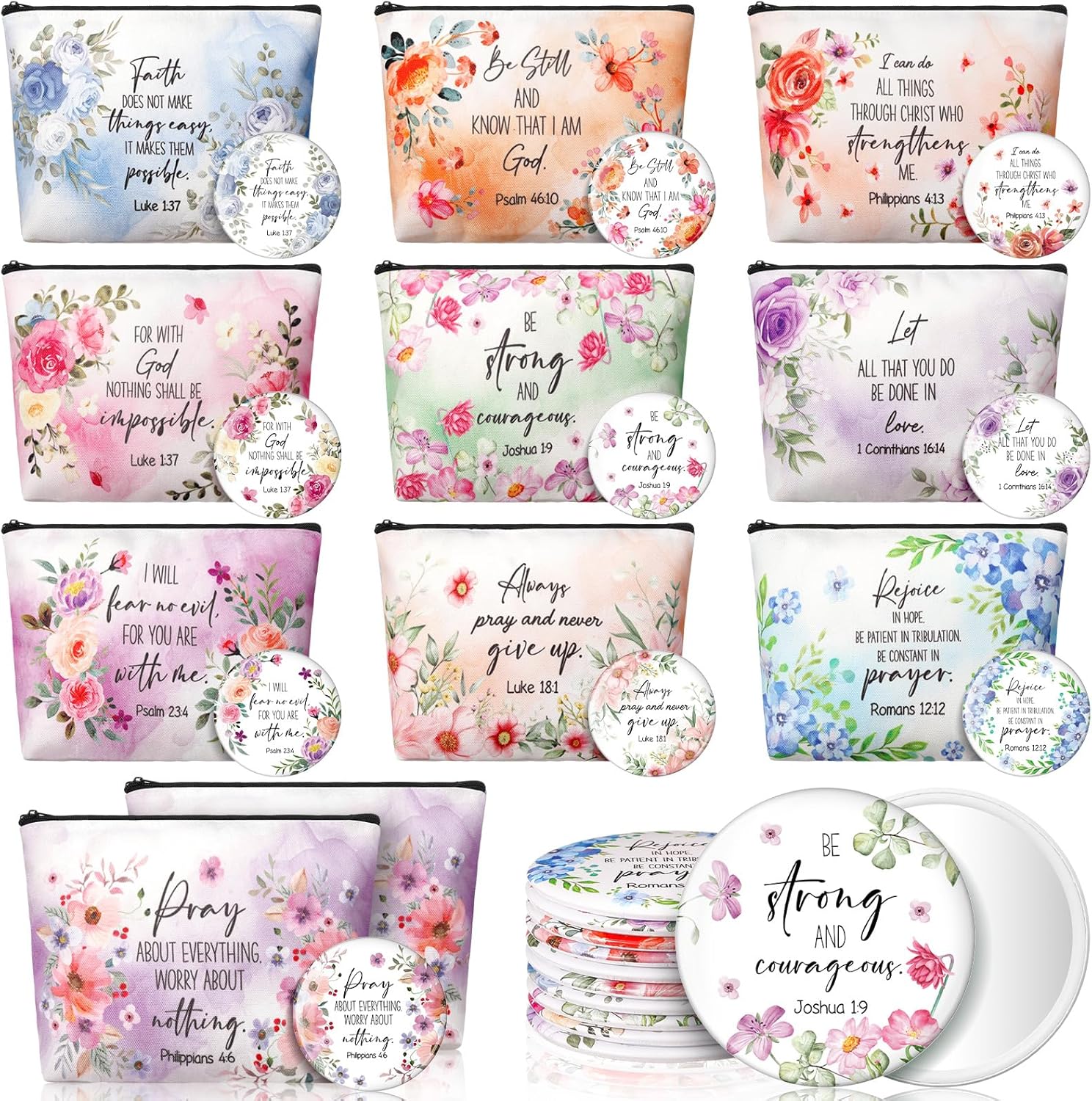 Meanplan 10 Pcs Christian Gifts for Women Christian Makeup Bag Inspirational Religious Canvas Makeup Bag Floral Bible Verse Pencil Pouch Cosmetic Bags for Women Return Christmas Church Prizes Gifts