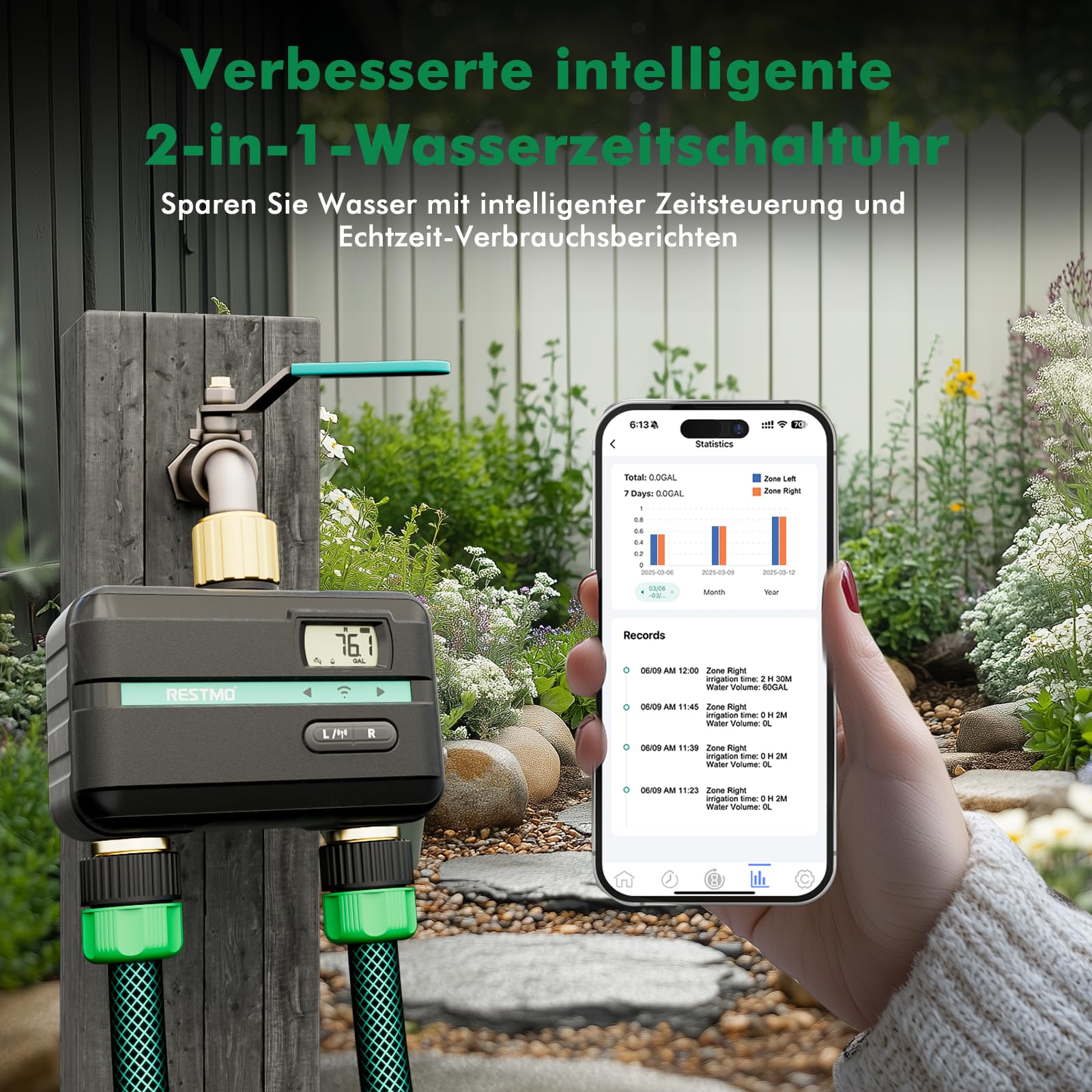 RESTMO 2-Zonen Bewässerungscomputer, Bluetooth+Wi-Fi Bewässerungstimer | App-Steuerung, getrennte Pläne pro Zone, auto/manuell/Regenpause, bis 11:59 Std. pro Zone, für Garten & Rasen