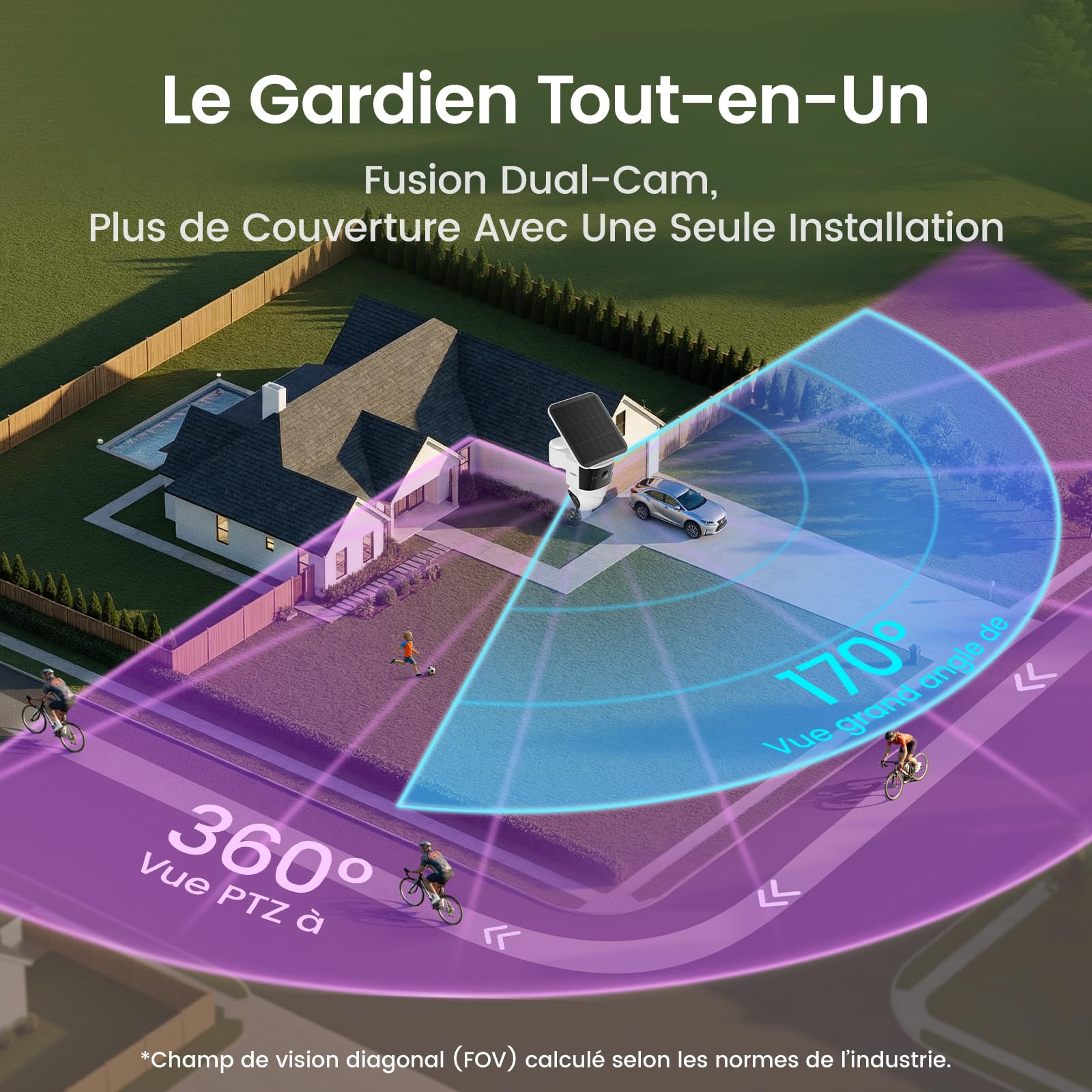 aosu T2 Pro 3K Camera Surveillance WiFi Exterieure sans Fil, Double Caméra | 360° PTZ + 170° Grand 5MP 2 Caméras Solaire, Sans Angle Mort, Zoom 8X, Vision Nocturne Couleur Alarme, IA Suivi Automatique