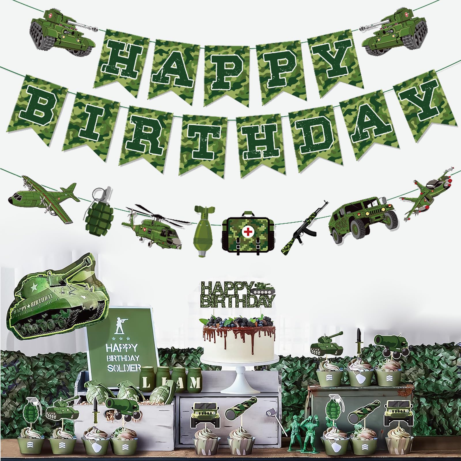 Zwiebeco Suministros de decoración de fiesta de cumpleaños, letrero de feliz cumpleaños de camuflaje verde, guirnalda de papel verde para niños, hombres, adultos, decoraciones de cumpleaños temáticas