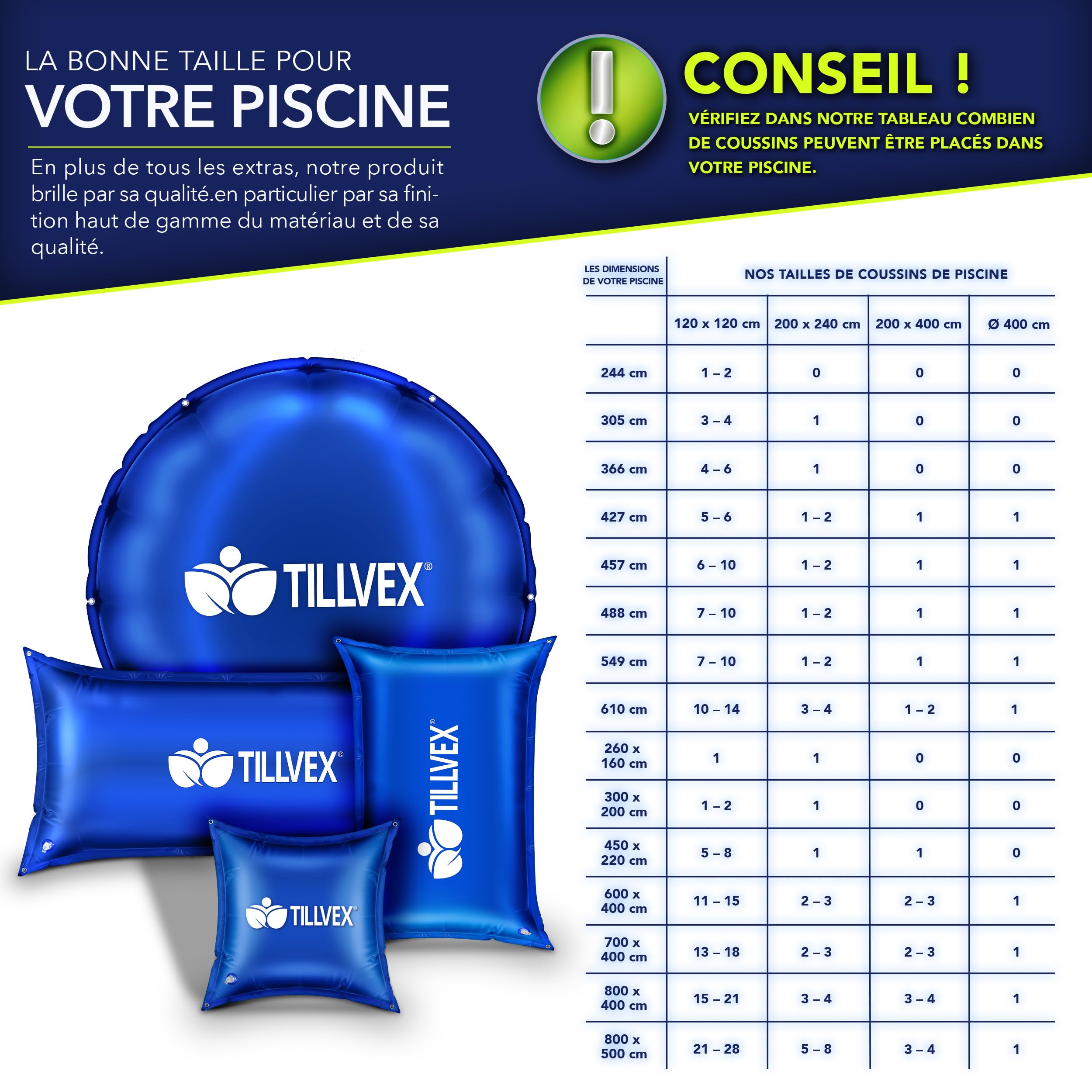 tillvex® Coussin de piscine pour l'hiver XXL 200 x 240 cm | Coussin d'air avec kit de réparation - Coussin d'hiver avec valve de sécurité - Double couture