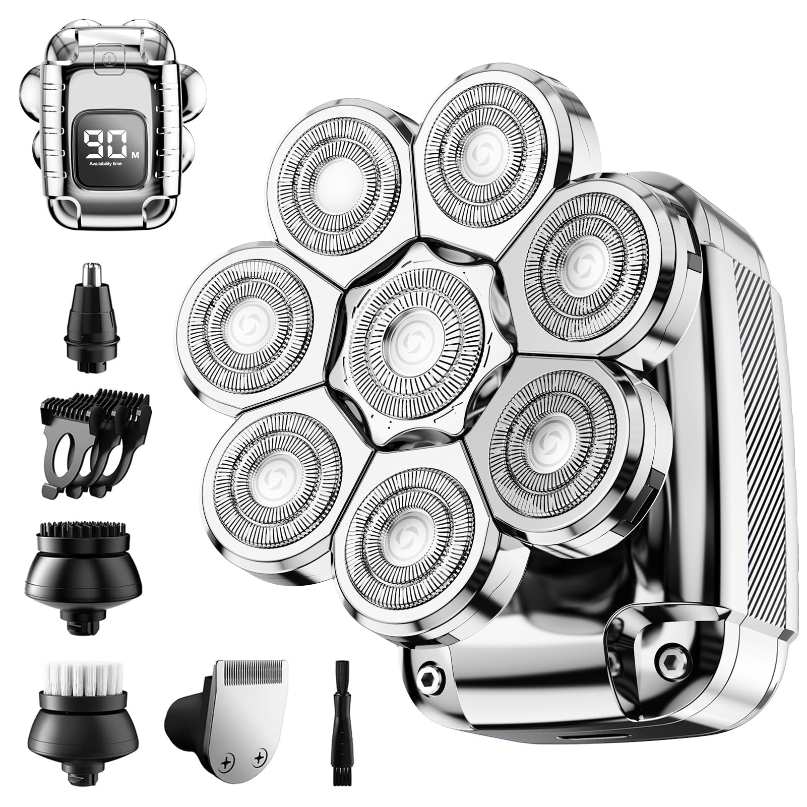 Glatzen Rasierer Herren, 8D Kopfrasierer, IPX7 Nass Trocken | Elektrischer Rasierer mit LED-Anzeige, abnehmbarem Scherkopf und Zubehoer fuer Kopf, Bart, Nase und Gesicht