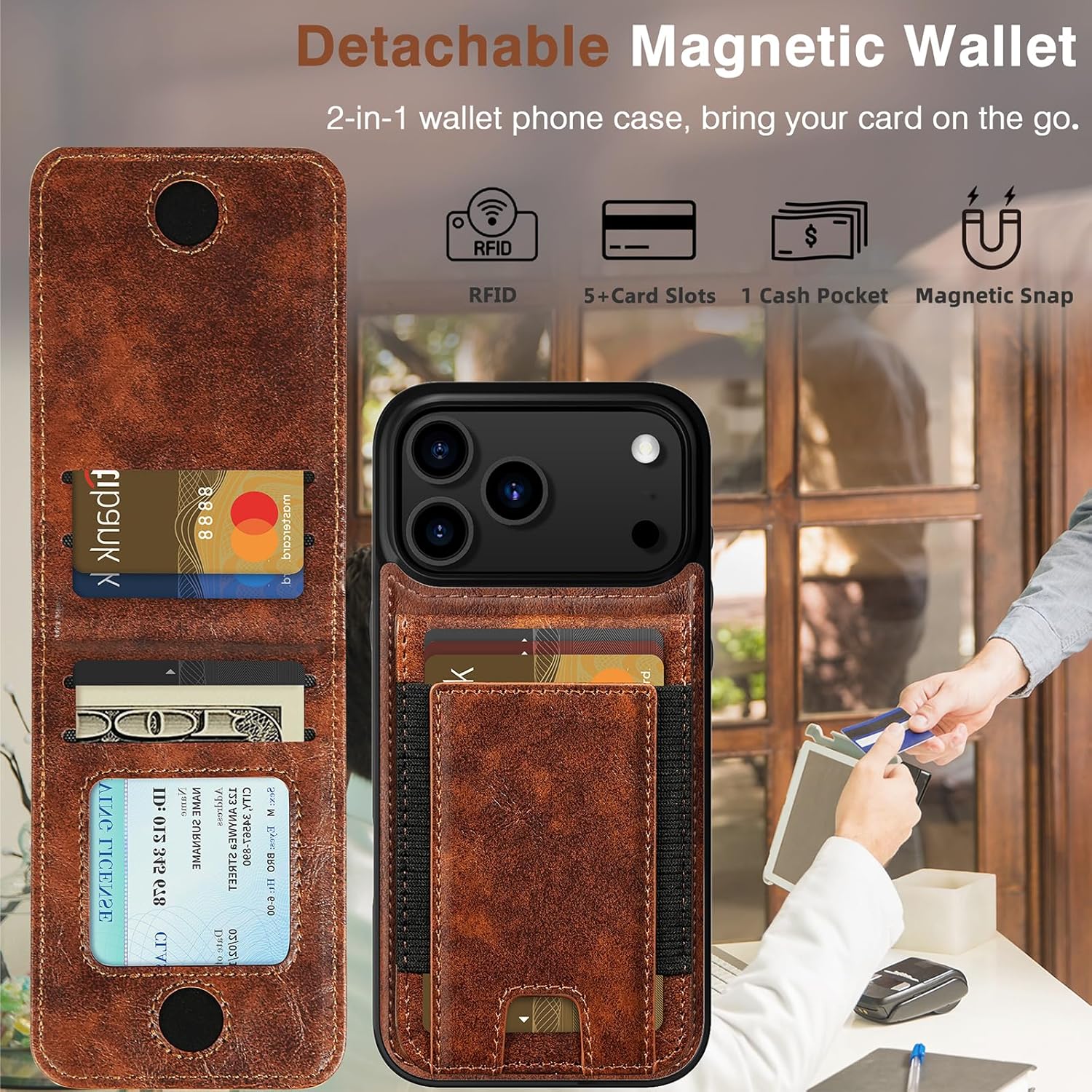 LOHASIC Compatible with MagSafe for iPhone 17 Pro Max Wallet Case, Detachable Magnetic Wallet Card Holder with RFID Blocking Leather Protective Cover Case for 17 ProMax 6.9" 2025 - Brown
