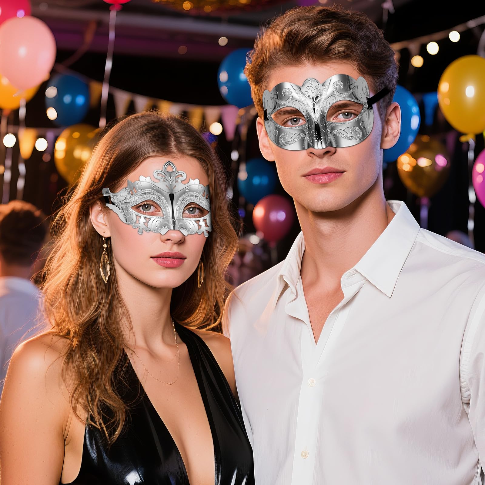 Oidea Masquerade Mask for Couples: Ultra-Thin Glittery Carnival Venetian Mask Halloween Mardi Gras Costume Mascarade Ball Party Masks for Women and Men Silver - Image 2