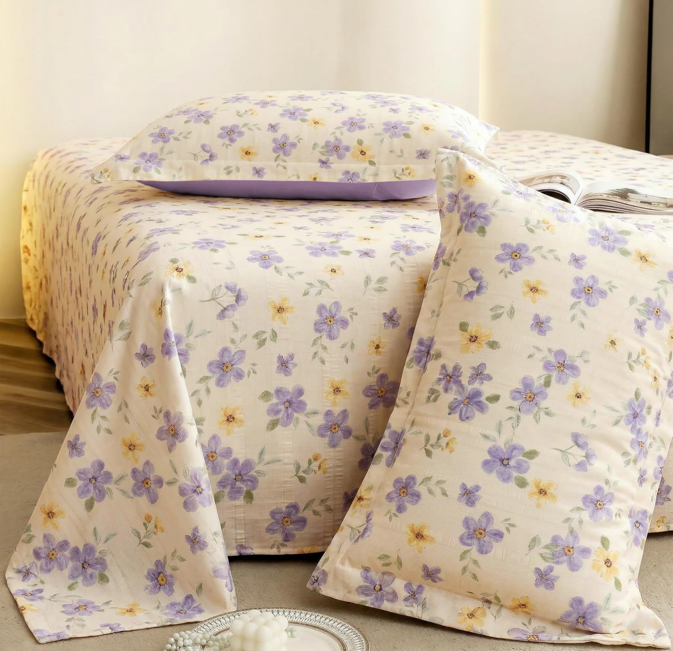 VAS COLLECTIONS King Size Bedsheet Set Cloud Cotton 270x240 cm | Soft Breathable Flat Bed Sheet with 2 Pillow Covers |Floral Printed Bedsheet for King Bed | Durable Bedding Set, Lavender Blossom-image-45