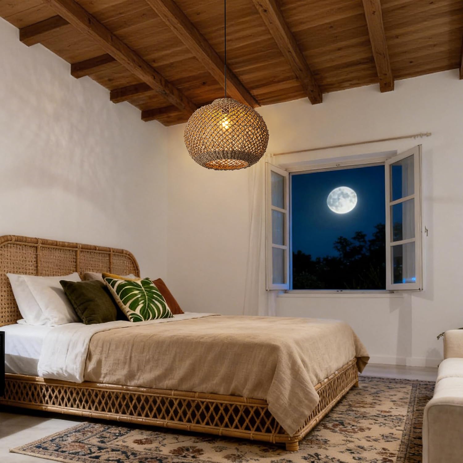 Littleglovo Large 16.5" Pendant Lights Kitchen Island, Boho Rattan Chandelier, Dining Room Light Fixture, 1-Light Handwoven Hanging Lamp, Farmhouse Coastal for Bedroom Living Room Entryway Foyer