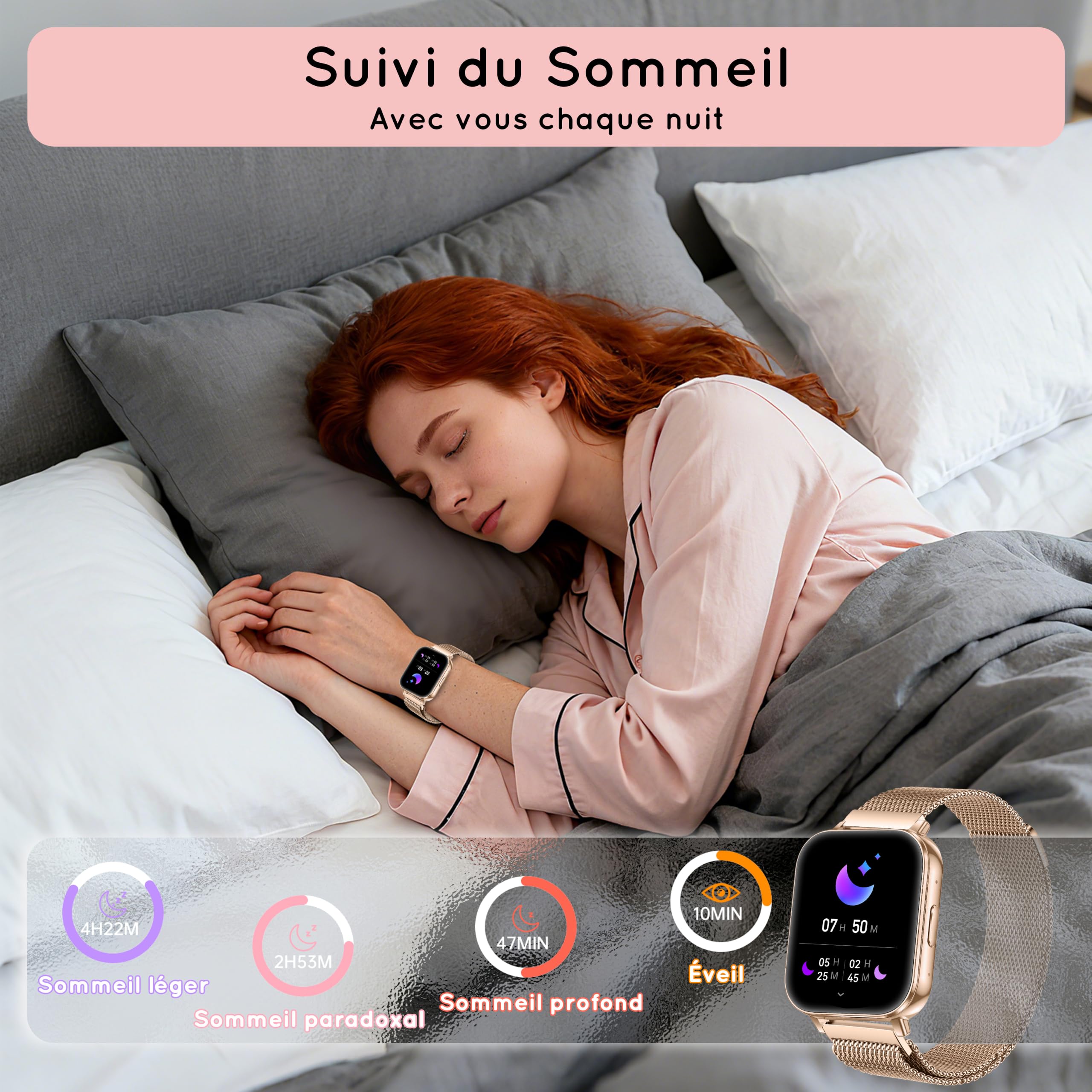 Montre Connectée Femme avec 3 Bracelets 30+ Jour Ultra 1,85" HD Fitness Smartwatch avec Appel Bluetooth/Fréquence Cardiaque/SpO2/Sommeil, 120+ Modes Sportifs,1000mAh pour iOS Android, Or Rose