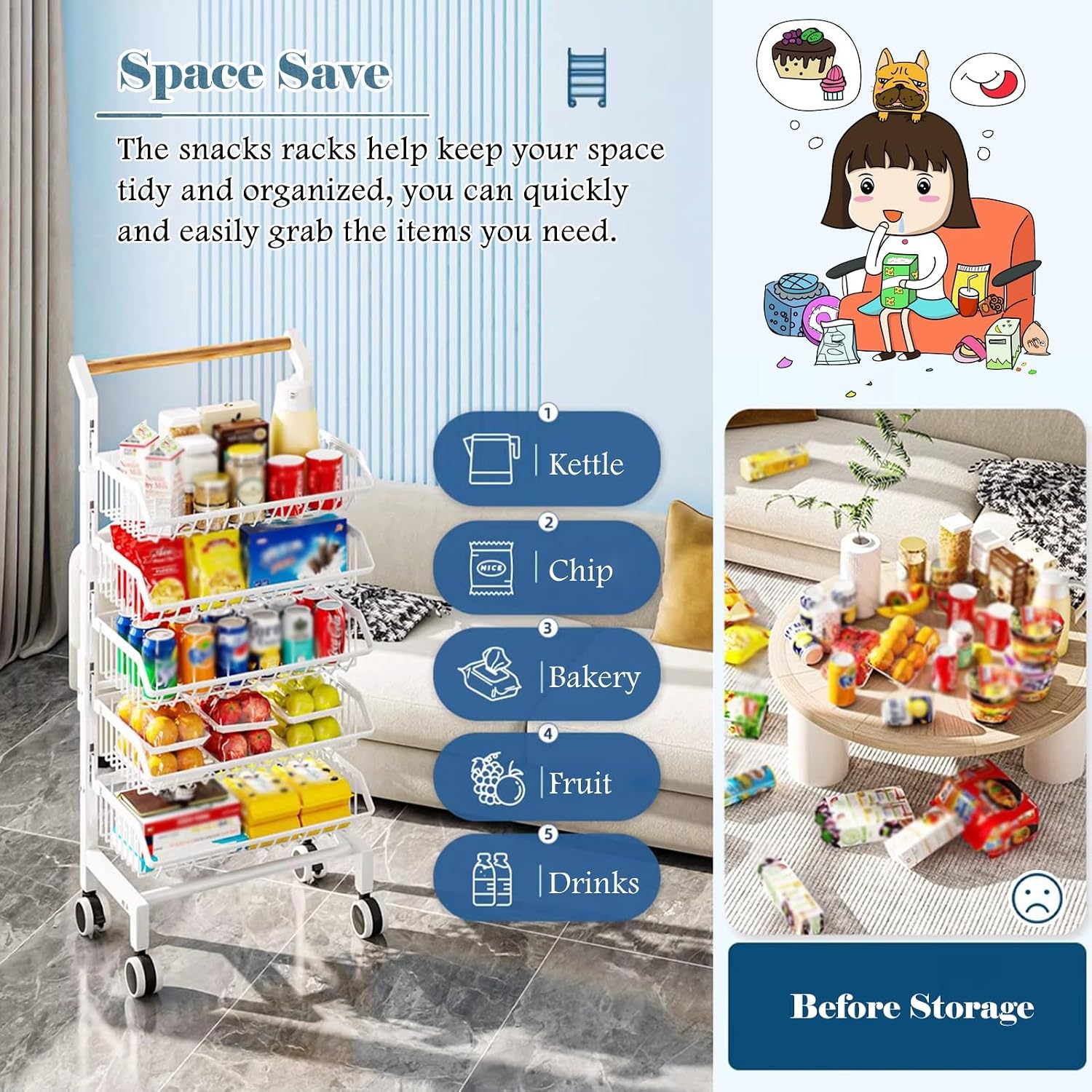 Store Display Shelve Snacks Shelf Cart for Kitchen Office Bedroom, Portable Drinks Fruit Vegetable Retail Display Racks with Wood Handle/Wheels, Home Free Standing Bakery Baskets Organizer