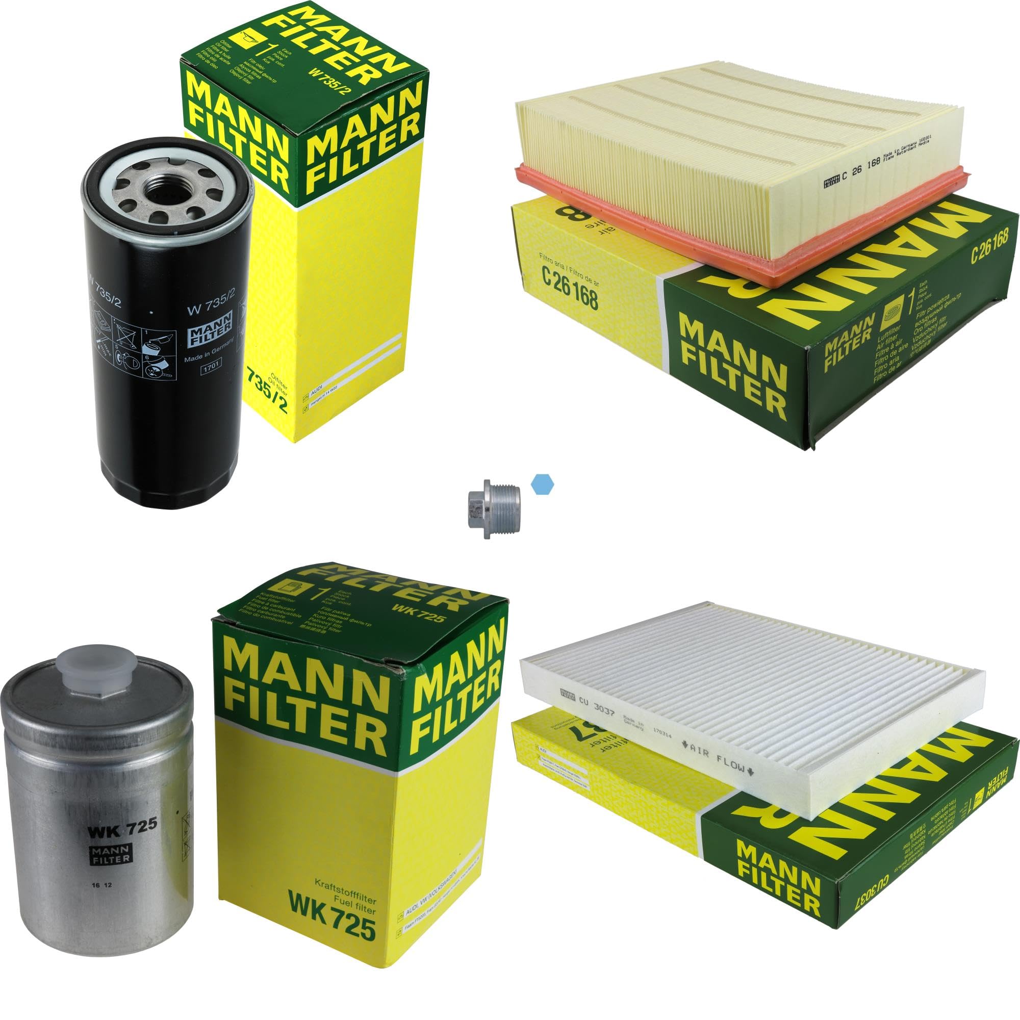 Paquete de inspección Kit de mantenimiento de filtros con filtro de aceite W 735/2, filtro de aire C 26 168, filtro de combustible WK 725, filtro de habitáculo CU 3037, tornillo de cierre