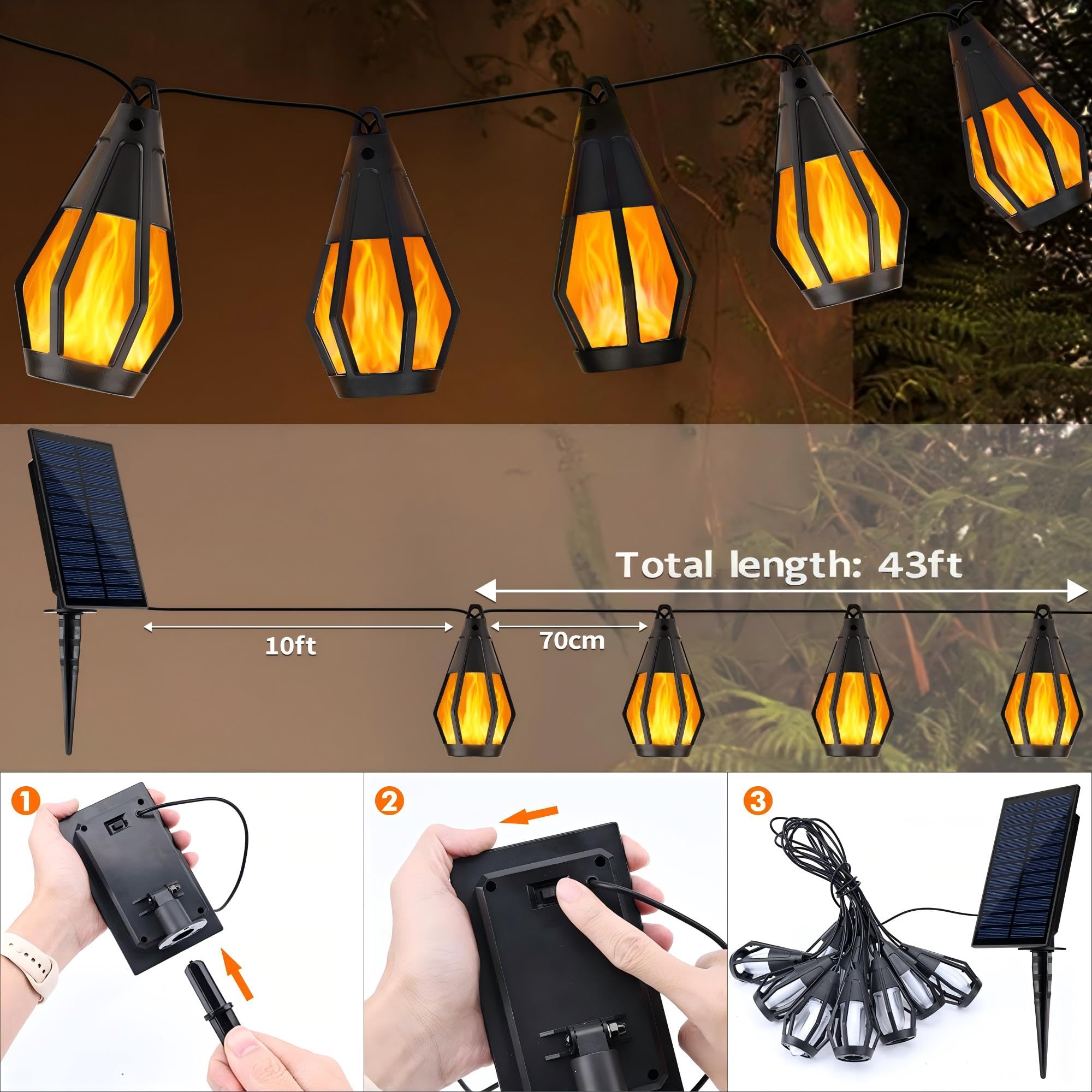 Geemoo Catena di luci solari per esterni con fiamme, 13,3 m, 20 lampadine, con effetto fiamma realistico, impermeabile IP65, da appendere, per esterni, giardino, festa, balcone, bistrò, caffetteria