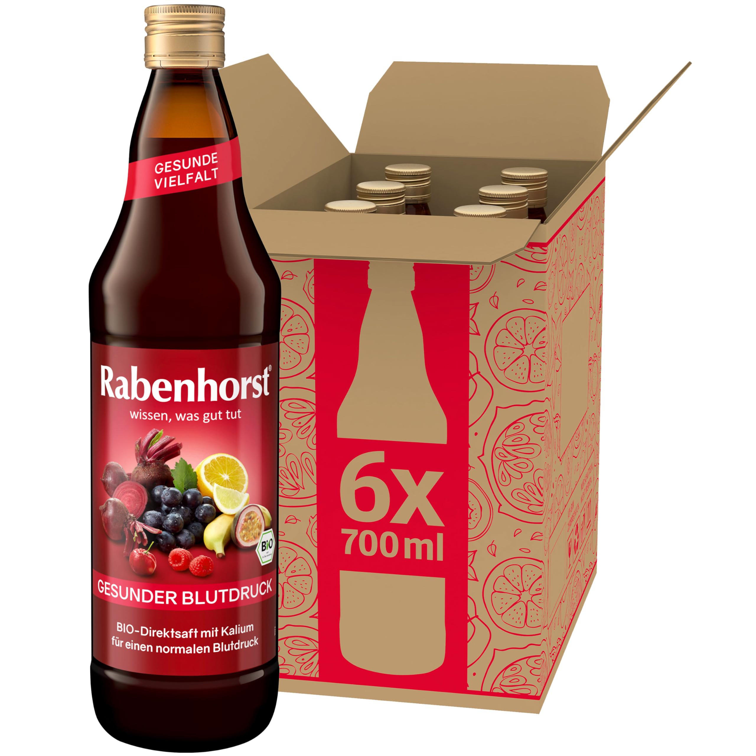 RABENHORST Gesunder Blutdruck BIO 6er Pack (6 x 700 ml) | Rote Bete-Mehrfruchtsaft mit Kalium für einen normalen Blutdruck