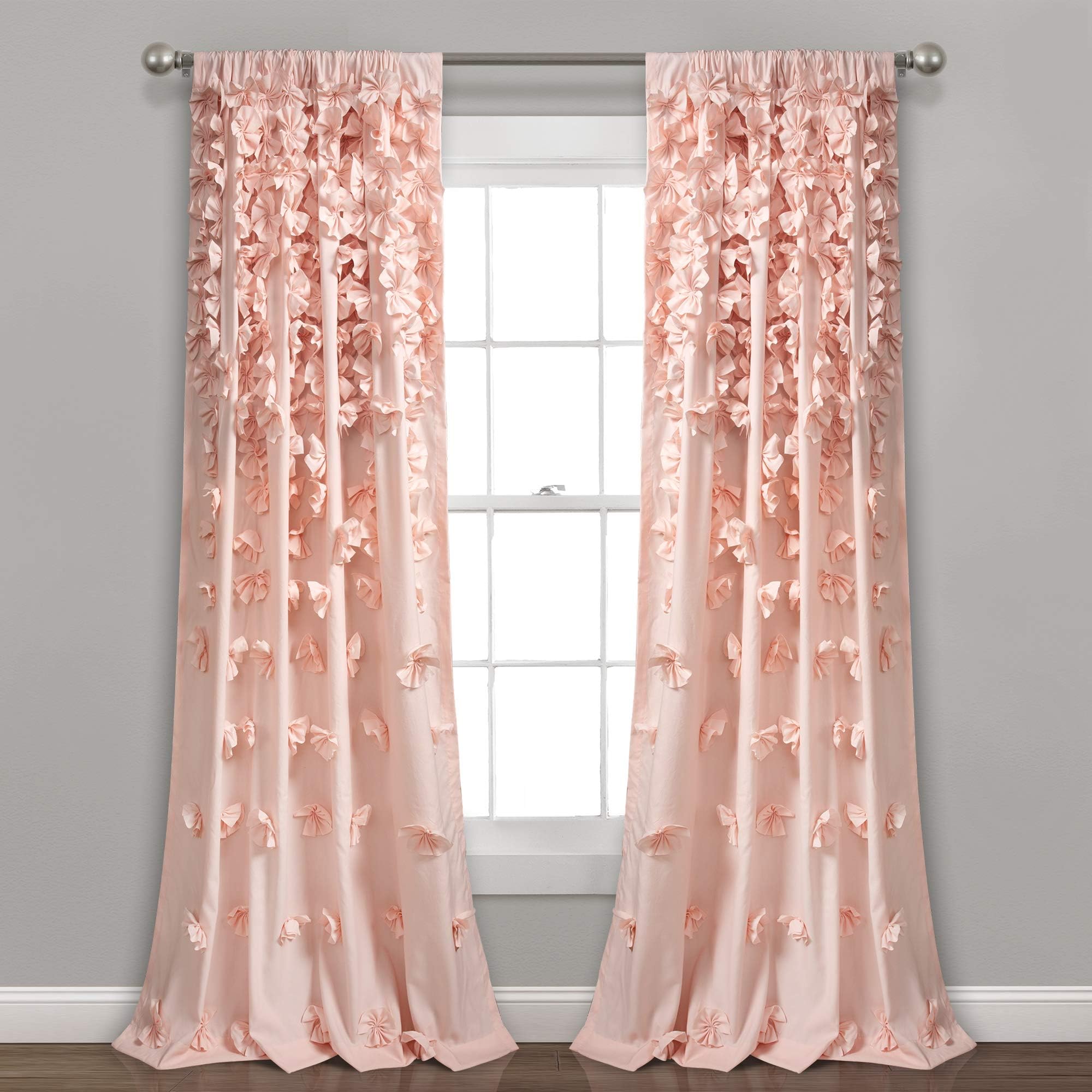 Riley Window Curtain Panel - Charming Handmade Bow Details - Elegant Light Filtering Single Curtain for Living Room, Dining Room, or Bedroom - 54" W x 84" L, Blush
